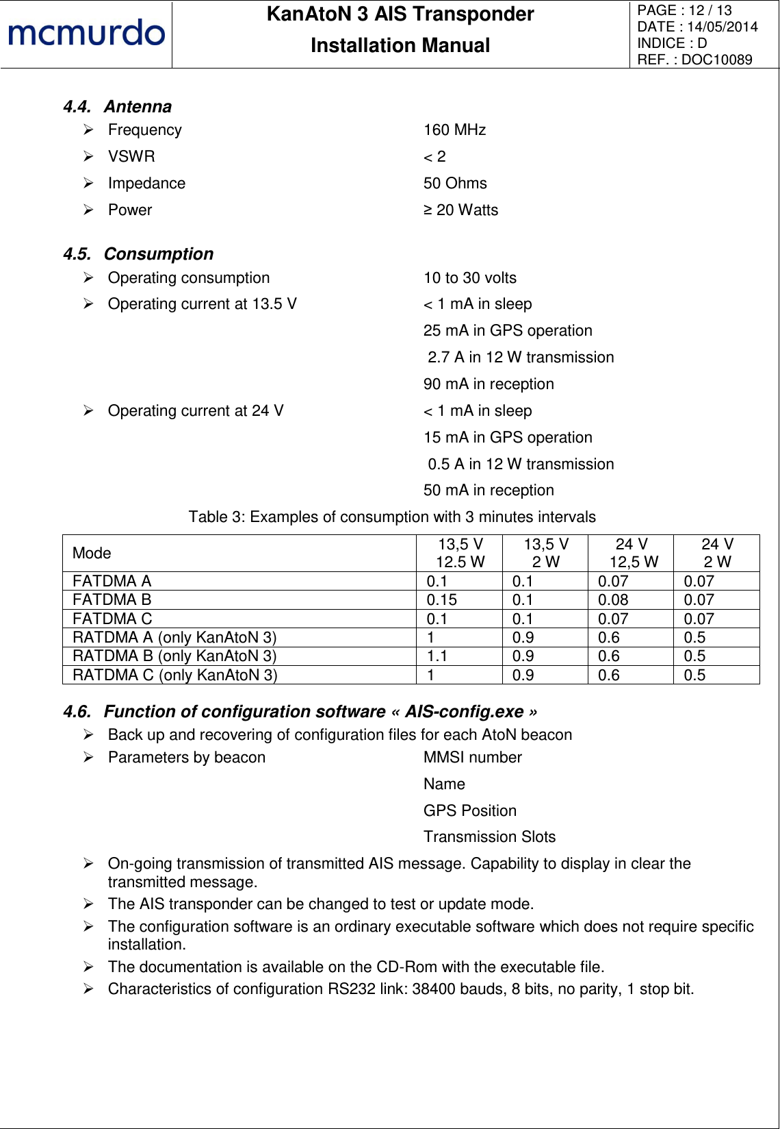       KanAtoN 3 AIS Transponder Installation Manual PAGE : 12 / 13 DATE : 14/05/2014 INDICE : D REF. : DOC10089   4.4.  Antenna   Frequency 160 MHz   VSWR &lt; 2   Impedance 50 Ohms   Power ≥ 20 Watts 4.5.  Consumption   Operating consumption 10 to 30 volts   Operating current at 13.5 V &lt; 1 mA in sleep  25 mA in GPS operation   2.7 A in 12 W transmission 90 mA in reception   Operating current at 24 V &lt; 1 mA in sleep  15 mA in GPS operation   0.5 A in 12 W transmission 50 mA in reception Table 3: Examples of consumption with 3 minutes intervals Mode 13,5 V 12.5 W 13,5 V 2 W 24 V  12,5 W 24 V 2 W FATDMA A 0.1 0.1 0.07 0.07 FATDMA B 0.15 0.1 0.08 0.07 FATDMA C 0.1 0.1 0.07 0.07 RATDMA A (only KanAtoN 3) 1 0.9 0.6 0.5 RATDMA B (only KanAtoN 3) 1.1 0.9 0.6 0.5 RATDMA C (only KanAtoN 3) 1 0.9 0.6 0.5 4.6.  Function of configuration software « AIS-config.exe »   Back up and recovering of configuration files for each AtoN beacon   Parameters by beacon MMSI number Name GPS Position Transmission Slots  On-going transmission of transmitted AIS message. Capability to display in clear the transmitted message.   The AIS transponder can be changed to test or update mode.   The configuration software is an ordinary executable software which does not require specific installation.   The documentation is available on the CD-Rom with the executable file.   Characteristics of configuration RS232 link: 38400 bauds, 8 bits, no parity, 1 stop bit.  