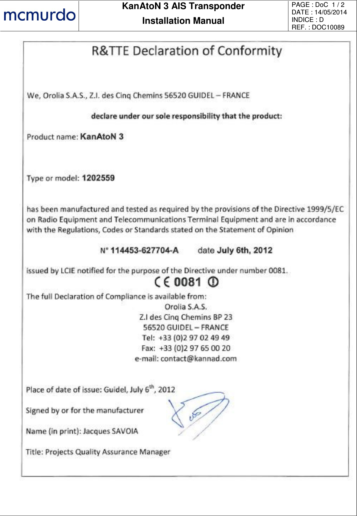       KanAtoN 3 AIS Transponder Installation Manual PAGE : DoC  1 / 2 DATE : 14/05/2014 INDICE : D REF. : DOC10089    