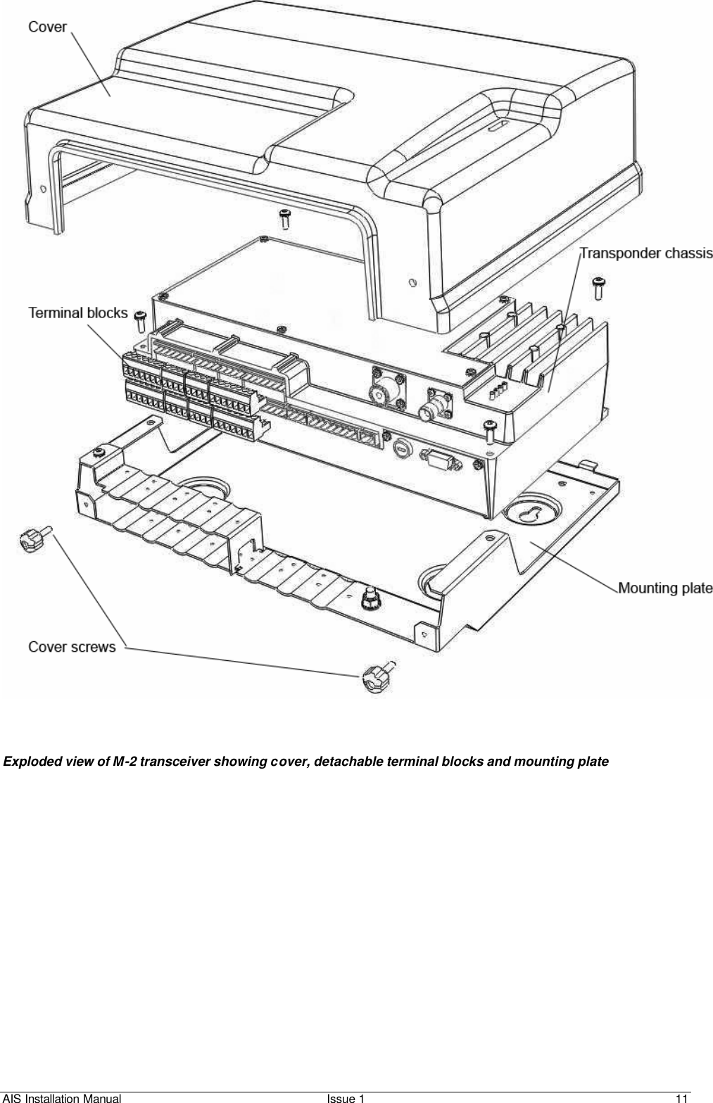 AIS Installation Manual Issue 1 11        Exploded view of M-2 transceiver showing cover, detachable terminal blocks and mounting plate   