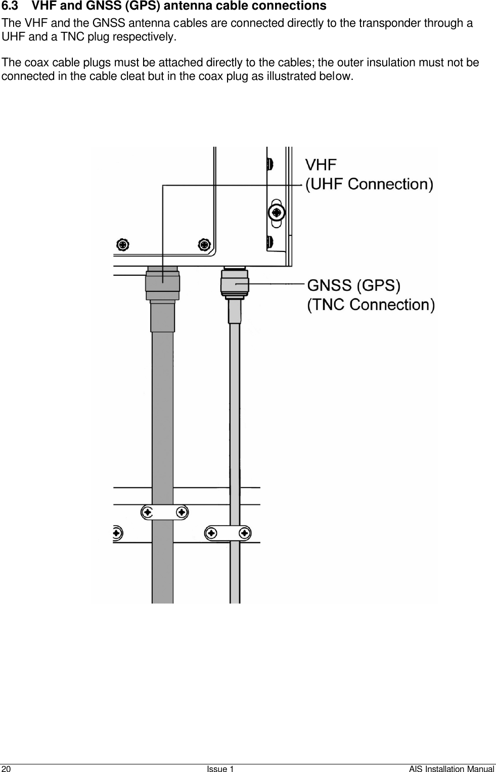    20 Issue 1 AIS Installation Manual  6.3 VHF and GNSS (GPS) antenna cable connections The VHF and the GNSS antenna cables are connected directly to the transponder through a UHF and a TNC plug respectively.  The coax cable plugs must be attached directly to the cables; the outer insulation must not be connected in the cable cleat but in the coax plug as illustrated below.  