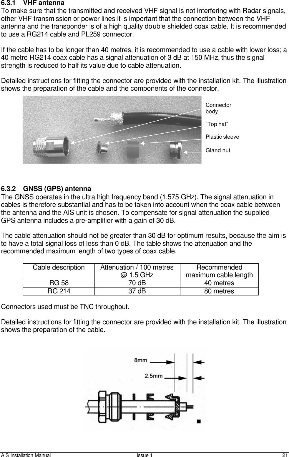 AIS Installation Manual Issue 1 21     6.3.1 VHF antenna To make sure that the transmitted and received VHF signal is not interfering with Radar signals, other VHF transmission or power lines it is important that the connection between the VHF antenna and the transponder is of a high quality double shielded coax cable. It is recommended to use a RG214 cable and PL259 connector.   If the cable has to be longer than 40 metres, it is recommended to use a cable with lower loss; a 40 metre RG214 coax cable has a signal attenuation of 3 dB at 150 MHz, thus the signal strength is reduced to half its value due to cable attenuation.  Detailed instructions for fitting the connector are provided with the installation kit. The illustration shows the preparation of the cable and the components of the connector.    6.3.2 GNSS (GPS) antenna The GNSS operates in the ultra high frequency band (1.575 GHz). The signal attenuation in cables is therefore substantial and has to be taken into account when the coax cable between the antenna and the AIS unit is chosen. To compensate for signal attenuation the supplied  GPS antenna includes a pre-amplifier with a gain of 30 dB.  The cable attenuation should not be greater than 30 dB for optimum results, because the aim is to have a total signal loss of less than 0 dB. The table shows the attenuation and the recommended maximum length of two types of coax cable.   Cable description Attenuation / 100 metres @ 1.5 GHz Recommended maximum cable length RG 58 70 dB  40 metres RG 214 37 dB 80 metres  Connectors used must be TNC throughout.   Detailed instructions for fitting the connector are provided with the installation kit. The illustration shows the preparation of the cable.   Connector body  “Top hat”  Plastic sleeve  Gland nut 