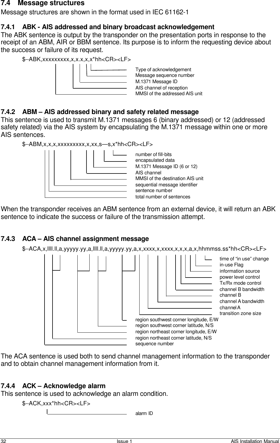    32 Issue 1 AIS Installation Manual 7.4 Message structures Message structures are shown in the format used in IEC 61162-1  7.4.1 ABK - AIS addressed and binary broadcast acknowledgement The ABK sentence is output by the transponder on the presentation ports in response to the receipt of an ABM, AIR or BBM sentence. Its purpose is to inform the requesting device about the success or failure of its request. $--ABK,xxxxxxxxx,x,x.x,x,x*hh&lt;CR&gt;&lt;LF&gt; Type of acknowledgement Message sequence number M.1371 Message ID AIS channel of reception MMSI of the addressed AIS unit   7.4.2 ABM – AIS addressed binary and safety related message This sentence is used to transmit M.1371 messages 6 (binary addressed) or 12 (addressed safety related) via the AIS system by encapsulating the M.1371 message within one or more AIS sentences. $--ABM,x,x,x,xxxxxxxxx,x,xx,s—s,x*hh&lt;CR&gt;&lt;LF&gt; number of fill-bits encapsulated data M.1371 Message ID (6 or 12) AIS channel MMSI of the destination AIS unit  sequential message identifier sentence number total number of sentences  When the transponder receives an ABM sentence from an external device, it will return an ABK sentence to indicate the success or failure of the transmission attempt.   7.4.3 ACA – AIS channel assignment message $--ACA,x,llll.ll,a,yyyyy.yy,a,llll.ll,a,yyyyy.yy,a,x,xxxx,x,xxxx,x,x,x,a,x,hhmmss.ss*hh&lt;CR&gt;&lt;LF&gt; time of “in use” change in-use Flag information source power level control Tx/Rx mode control channel B bandwidth channel B channel A bandwidth channel A  transition zone size region southwest corner longitude, E/W region southwest corner latitude, N/S region northeast corner longitude, E/W region northeast corner latitude, N/S sequence number  The ACA sentence is used both to send channel management information to the transponder and to obtain channel management information from it.    7.4.4 ACK – Acknowledge alarm This sentence is used to acknowledge an alarm condition. $--ACK,xxx*hh&lt;CR&gt;&lt;LF&gt; alarm ID  