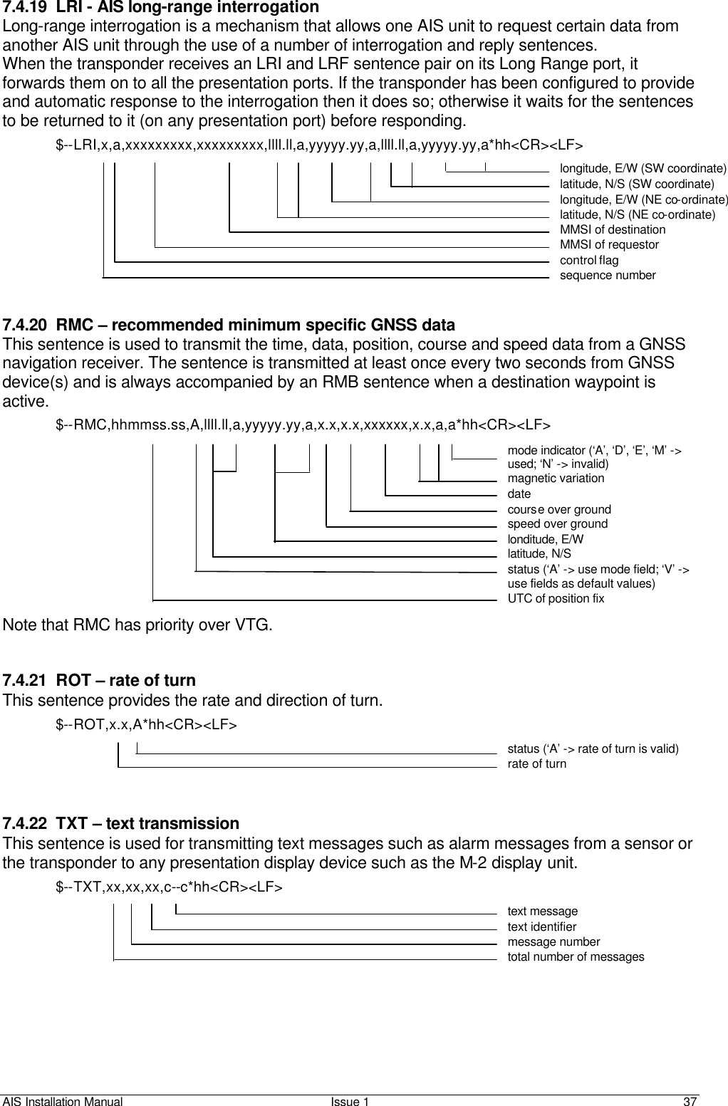 AIS Installation Manual Issue 1 37     7.4.19 LRI - AIS long-range interrogation Long-range interrogation is a mechanism that allows one AIS unit to request certain data from another AIS unit through the use of a number of interrogation and reply sentences.  When the transponder receives an LRI and LRF sentence pair on its Long Range port, it forwards them on to all the presentation ports. If the transponder has been configured to provide and automatic response to the interrogation then it does so; otherwise it waits for the sentences to be returned to it (on any presentation port) before responding. $--LRI,x,a,xxxxxxxxx,xxxxxxxxx,llll.ll,a,yyyyy.yy,a,llll.ll,a,yyyyy.yy,a*hh&lt;CR&gt;&lt;LF&gt; longitude, E/W (SW coordinate) latitude, N/S (SW coordinate) longitude, E/W (NE co-ordinate) latitude, N/S (NE co-ordinate) MMSI of destination MMSI of requestor control flag sequence number   7.4.20 RMC – recommended minimum specific GNSS data This sentence is used to transmit the time, data, position, course and speed data from a GNSS navigation receiver. The sentence is transmitted at least once every two seconds from GNSS device(s) and is always accompanied by an RMB sentence when a destination waypoint is active. $--RMC,hhmmss.ss,A,llll.ll,a,yyyyy.yy,a,x.x,x.x,xxxxxx,x.x,a,a*hh&lt;CR&gt;&lt;LF&gt; mode indicator (‘A’, ‘D’, ‘E’, ‘M’ -&gt; used; ‘N’ -&gt; invalid) magnetic variation date course over ground speed over ground londitude, E/W latitude, N/S status (‘A’ -&gt; use mode field; ‘V’ -&gt; use fields as default values) UTC of position fix  Note that RMC has priority over VTG.   7.4.21 ROT – rate of turn This sentence provides the rate and direction of turn. $--ROT,x.x,A*hh&lt;CR&gt;&lt;LF&gt; status (‘A’ -&gt; rate of turn is valid) rate of turn    7.4.22 TXT – text transmission This sentence is used for transmitting text messages such as alarm messages from a sensor or the transponder to any presentation display device such as the M-2 display unit. $--TXT,xx,xx,xx,c--c*hh&lt;CR&gt;&lt;LF&gt; text message text identifier message number total number of messages    