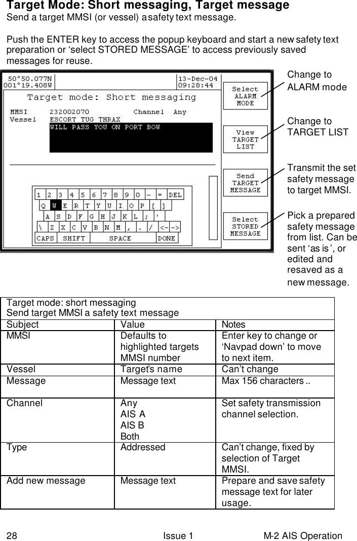  28 Issue 1 M-2 AIS Operation  Target Mode: Short messaging, Target message Send a target MMSI (or vessel) a safety text message.  Push the ENTER key to access the popup keyboard and start a new safety text preparation or ‘select STORED MESSAGE’ to access previously saved messages for reuse.                       Target mode: short messaging Send target MMSI a safety text message  Subject Value Notes  MMSI Defaults to highlighted targets MMSI number Enter key to change or ‘Navpad down’ to move to next item. Vessel Target’s name Can’t change Message Message text  Max 156 characters .. Channel Any AIS A AIS B Both Set safety transmission channel selection.  Type Addressed Can’t change, fixed by selection of Target MMSI. Add new message Message text  Prepare and save safety message text for later usage. Change to ALARM mode Change to TARGET LIST view.   Transmit the set safety message to target MMSI. Pick a prepared safety message from list. Can be sent ‘as is ’, or edited and resaved as a new message. 