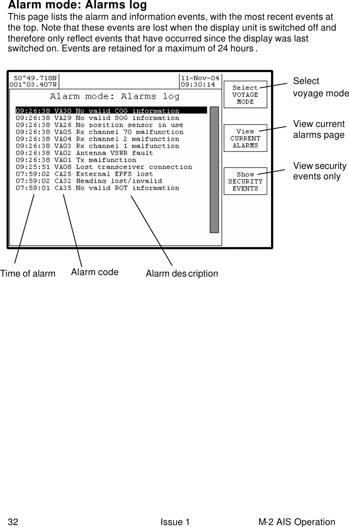  32 Issue 1 M-2 AIS Operation Alarm mode: Alarms log This page lists the alarm and information events, with the most recent events at the top. Note that these events are lost when the display unit is switched off and therefore only reflect events that have occurred since the display was last switched on. Events are retained for a maximum of 24 hours .                              Time of alarm  Alarm code  Alarm des cription Select  voyage mode View current alarms page View security events only 