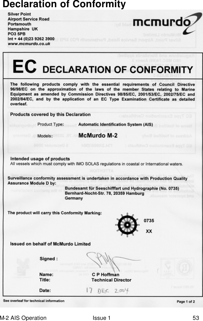 M-2 AIS Operation Issue 1 53  Declaration of Conformity 