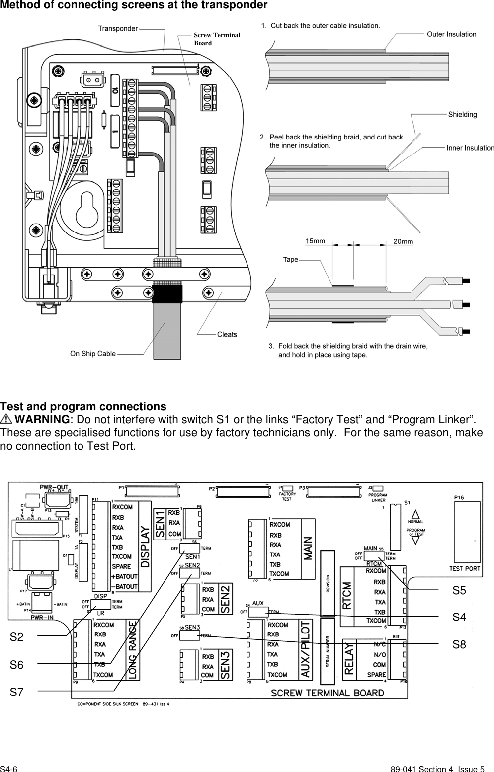 S4-6 89-041 Section 4  Issue 5Method of connecting screens at the transponderTest and program connections WARNING: Do not interfere with switch S1 or the links “Factory Test” and “Program Linker”.These are specialised functions for use by factory technicians only.  For the same reason, makeno connection to Test Port.Screw TerminalBoardS5S4S8S2S6S7