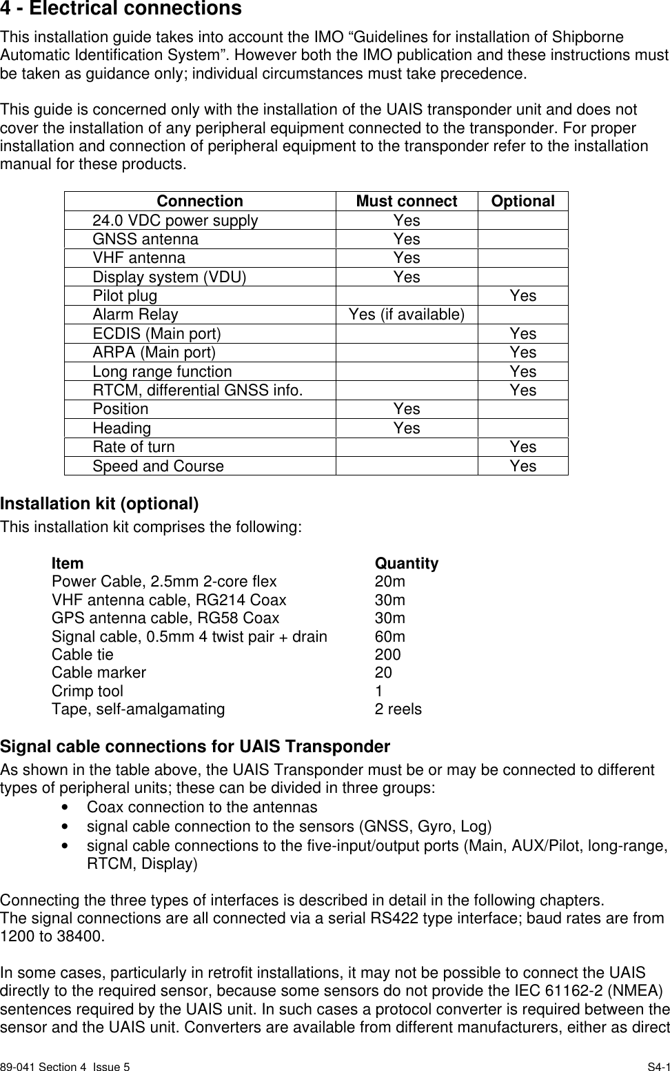 89-041 Section 4  Issue 5 S4-14 - Electrical connectionsThis installation guide takes into account the IMO “Guidelines for installation of ShipborneAutomatic Identification System”. However both the IMO publication and these instructions mustbe taken as guidance only; individual circumstances must take precedence.This guide is concerned only with the installation of the UAIS transponder unit and does notcover the installation of any peripheral equipment connected to the transponder. For properinstallation and connection of peripheral equipment to the transponder refer to the installationmanual for these products.Connection Must connect Optional24.0 VDC power supply YesGNSS antenna YesVHF antenna YesDisplay system (VDU) YesPilot plug YesAlarm Relay Yes (if available)ECDIS (Main port) YesARPA (Main port) YesLong range function YesRTCM, differential GNSS info. YesPosition YesHeading YesRate of turn YesSpeed and Course YesInstallation kit (optional)This installation kit comprises the following:Item QuantityPower Cable, 2.5mm 2-core flex 20mVHF antenna cable, RG214 Coax 30mGPS antenna cable, RG58 Coax 30mSignal cable, 0.5mm 4 twist pair + drain 60mCable tie 200Cable marker 20Crimp tool 1Tape, self-amalgamating 2 reelsSignal cable connections for UAIS TransponderAs shown in the table above, the UAIS Transponder must be or may be connected to differenttypes of peripheral units; these can be divided in three groups:•  Coax connection to the antennas•  signal cable connection to the sensors (GNSS, Gyro, Log)•  signal cable connections to the five-input/output ports (Main, AUX/Pilot, long-range,RTCM, Display)Connecting the three types of interfaces is described in detail in the following chapters.The signal connections are all connected via a serial RS422 type interface; baud rates are from1200 to 38400.In some cases, particularly in retrofit installations, it may not be possible to connect the UAISdirectly to the required sensor, because some sensors do not provide the IEC 61162-2 (NMEA)sentences required by the UAIS unit. In such cases a protocol converter is required between thesensor and the UAIS unit. Converters are available from different manufacturers, either as direct