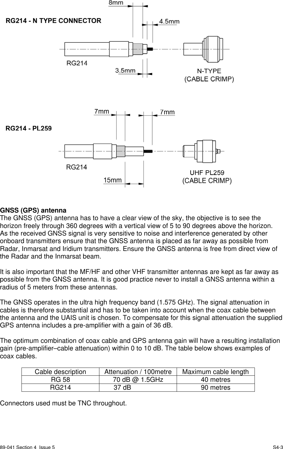 89-041 Section 4  Issue 5 S4-3GNSS (GPS) antennaThe GNSS (GPS) antenna has to have a clear view of the sky, the objective is to see thehorizon freely through 360 degrees with a vertical view of 5 to 90 degrees above the horizon.As the received GNSS signal is very sensitive to noise and interference generated by otheronboard transmitters ensure that the GNSS antenna is placed as far away as possible fromRadar, Inmarsat and Iridium transmitters. Ensure the GNSS antenna is free from direct view ofthe Radar and the Inmarsat beam.It is also important that the MF/HF and other VHF transmitter antennas are kept as far away aspossible from the GNSS antenna. It is good practice never to install a GNSS antenna within aradius of 5 meters from these antennas.The GNSS operates in the ultra high frequency band (1.575 GHz). The signal attenuation incables is therefore substantial and has to be taken into account when the coax cable betweenthe antenna and the UAIS unit is chosen. To compensate for this signal attenuation the suppliedGPS antenna includes a pre-amplifier with a gain of 36 dB.The optimum combination of coax cable and GPS antenna gain will have a resulting installationgain (pre-amplifier–cable attenuation) within 0 to 10 dB. The table below shows examples ofcoax cables.Cable description Attenuation / 100metre Maximum cable lengthRG 58 70 dB @ 1.5GHz 40 metresRG214       37 dB 90 metresConnectors used must be TNC throughout.