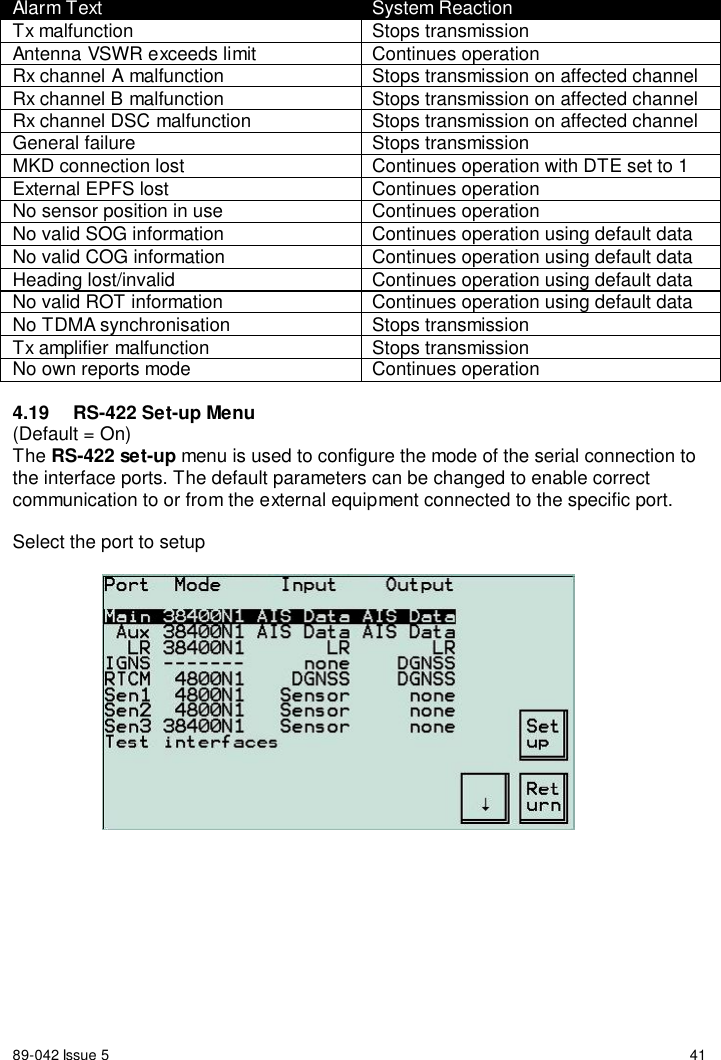89-042 Issue 5 41Alarm Text System ReactionTx malfunction Stops transmissionAntenna VSWR exceeds limit Continues operationRx channel A malfunction Stops transmission on affected channelRx channel B malfunction Stops transmission on affected channelRx channel DSC malfunction Stops transmission on affected channelGeneral failure Stops transmissionMKD connection lost Continues operation with DTE set to 1External EPFS lost Continues operationNo sensor position in use Continues operationNo valid SOG information Continues operation using default dataNo valid COG information Continues operation using default dataHeading lost/invalid Continues operation using default dataNo valid ROT information Continues operation using default dataNo TDMA synchronisation Stops transmissionTx amplifier malfunction Stops transmissionNo own reports mode Continues operation4.19  RS-422 Set-up Menu(Default = On)The RS-422 set-up menu is used to configure the mode of the serial connection tothe interface ports. The default parameters can be changed to enable correctcommunication to or from the external equipment connected to the specific port.Select the port to setup