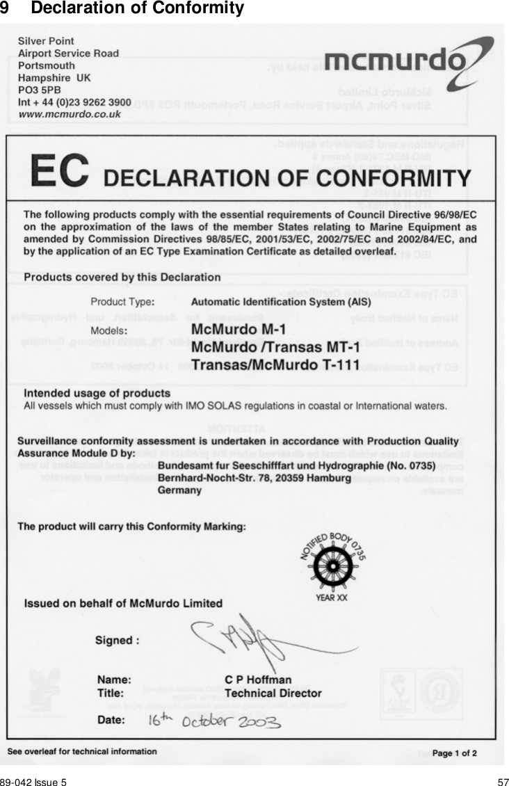 89-042 Issue 5 579  Declaration of Conformity