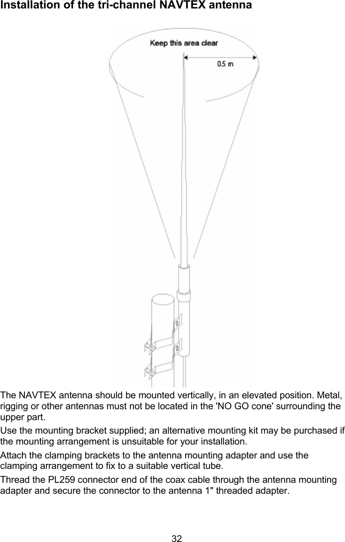  32 Installation of the tri-channel NAVTEX antenna  The NAVTEX antenna should be mounted vertically, in an elevated position. Metal, rigging or other antennas must not be located in the &apos;NO GO cone&apos; surrounding the upper part.  Use the mounting bracket supplied; an alternative mounting kit may be purchased if the mounting arrangement is unsuitable for your installation. Attach the clamping brackets to the antenna mounting adapter and use the clamping arrangement to fix to a suitable vertical tube. Thread the PL259 connector end of the coax cable through the antenna mounting adapter and secure the connector to the antenna 1&quot; threaded adapter. 