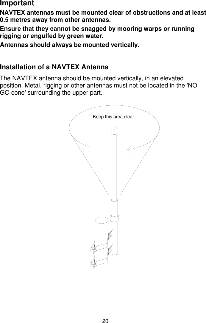 20ImportantNAVTEX antennas must be mounted clear of obstructions and at least0.5 metres away from other antennas.Ensure that they cannot be snagged by mooring warps or runningrigging or engulfed by green water.Antennas should always be mounted vertically.Installation of a NAVTEX AntennaThe NAVTEX antenna should be mounted vertically, in an elevatedposition. Metal, rigging or other antennas must not be located in the &apos;NOGO cone&apos; surrounding the upper part.Keep this area clear