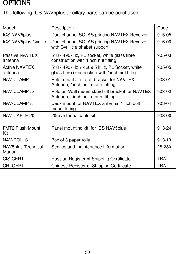 30OPTIONSThe following ICS NAV5plus ancillary parts can be purchased:Model Description CodeICS NAV5plus Dual channel SOLAS printing NAVTEX Receiver 915-05ICS NAV5plus Cyrillic Dual channel SOLAS printing NAVTEX Receiverwith Cyrillic alphabet support 916-06Passive NAVTEXantenna 518 - 490kHz, PL socket, white glass fibreconstruction with 1inch nut fitting 905-03Active NAVTEXantenna 518 - 490kHz + 4209.5 kHz, PL Socket, whiteglass fibre construction with 1inch nut fitting 905-05NAV-CLAMP Pole mount stand-off bracket for NAVTEXAntenna, 1inch bolt mount fitting. 903-01NAV-CLAMP /b Pole or  Wall mount stand-off bracket for NAVTEXAntenna, 1inch bolt mount fitting 903-02NAV-CLAMP /c Deck mount for NAVTEX antenna, 1inch boltmount fitting 903-04NAV-CABLE 20 20m antenna cable kit 903-00FMT2 Flush MountKit Panel mounting kit  for ICS NAV5plus 913-24NAV-ROLLS Box of 8 paper rolls 913-13NAV5plus TechnicalManual Service and maintenance information 28-230CIS-CERT Russian Register of Shipping Certificate TBACHI-CERT Chinese Register of Shipping Certificate TBA