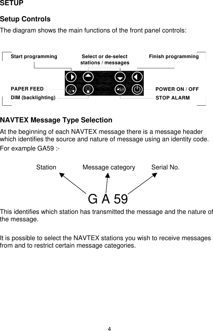 4SETUPSetup ControlsThe diagram shows the main functions of the front panel controls:NAVTEX Message Type SelectionAt the beginning of each NAVTEX message there is a message headerwhich identifies the source and nature of message using an identity code.For example GA59 :-Station Message category         Serial No.G A 59This identifies which station has transmitted the message and the nature ofthe message.It is possible to select the NAVTEX stations you wish to receive messagesfrom and to restrict certain message categories.DIM (backlighting) PAPER FEED Start programming                 Select or de-select               Finish programmingstations / messages POWER ON / OFF STOP ALARM 