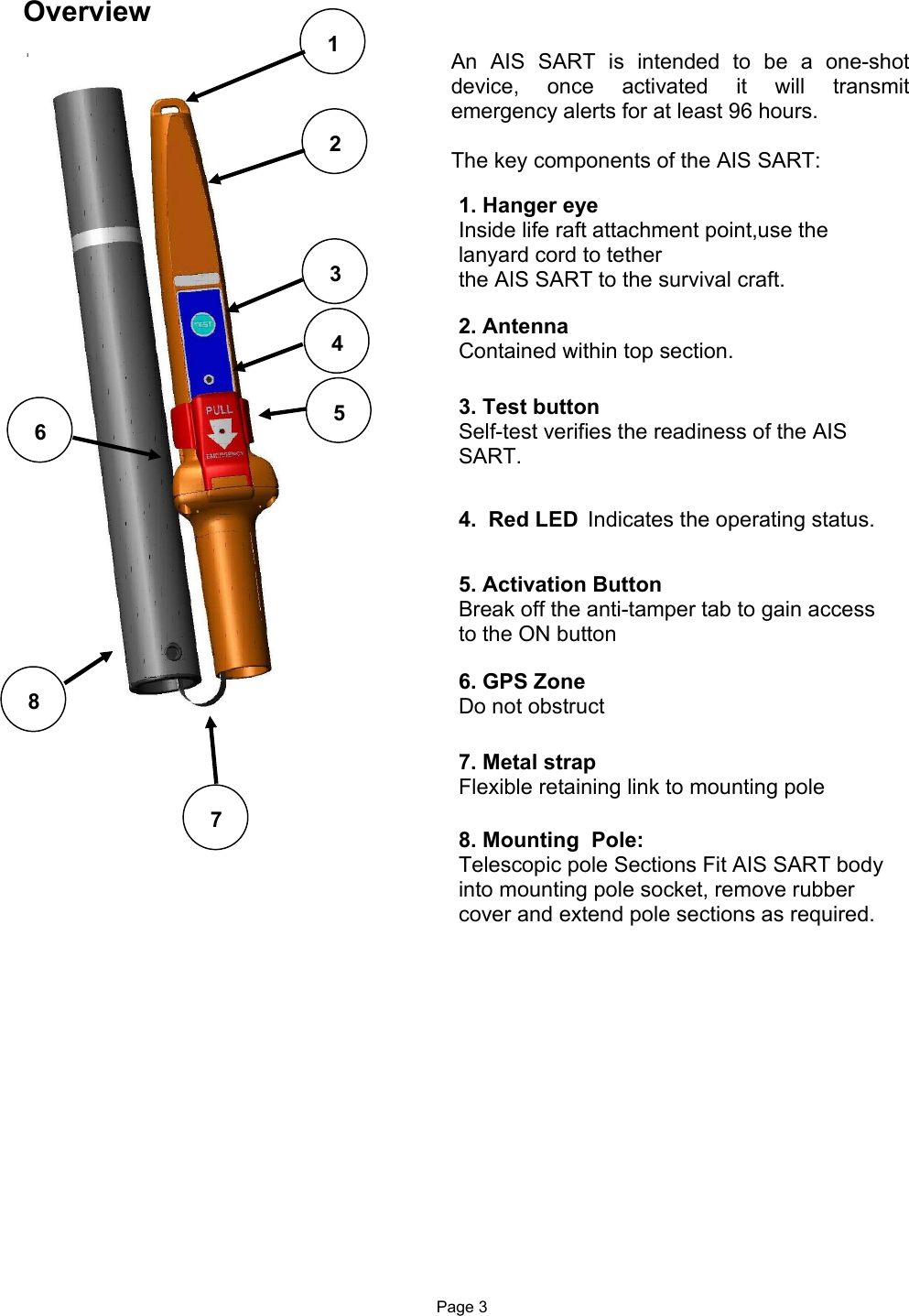  Page 3 1 2 3 4 5 6 7 8 Overview  1                                                                  Antenna Red LED  An  AIS  SART  is  intended  to  be  a  one-shot device,  once  activated  it  will  transmit emergency alerts for at least 96 hours.   The key components of the AIS SART:       1. Hanger eye Inside life raft attachment point,use the      lanyard cord to tether  the AIS SART to the survival craft.   2. Antenna Contained within top section.    3. Test button Self-test verifies the readiness of the AIS SART.  4.  Red LED  Indicates the operating status.   5. Activation Button  Break off the anti-tamper tab to gain access to the ON button  6. GPS Zone  Do not obstruct  7. Metal strap Flexible retaining link to mounting pole  8. Mounting  Pole: Telescopic pole Sections Fit AIS SART body into mounting pole socket, remove rubber cover and extend pole sections as required.  