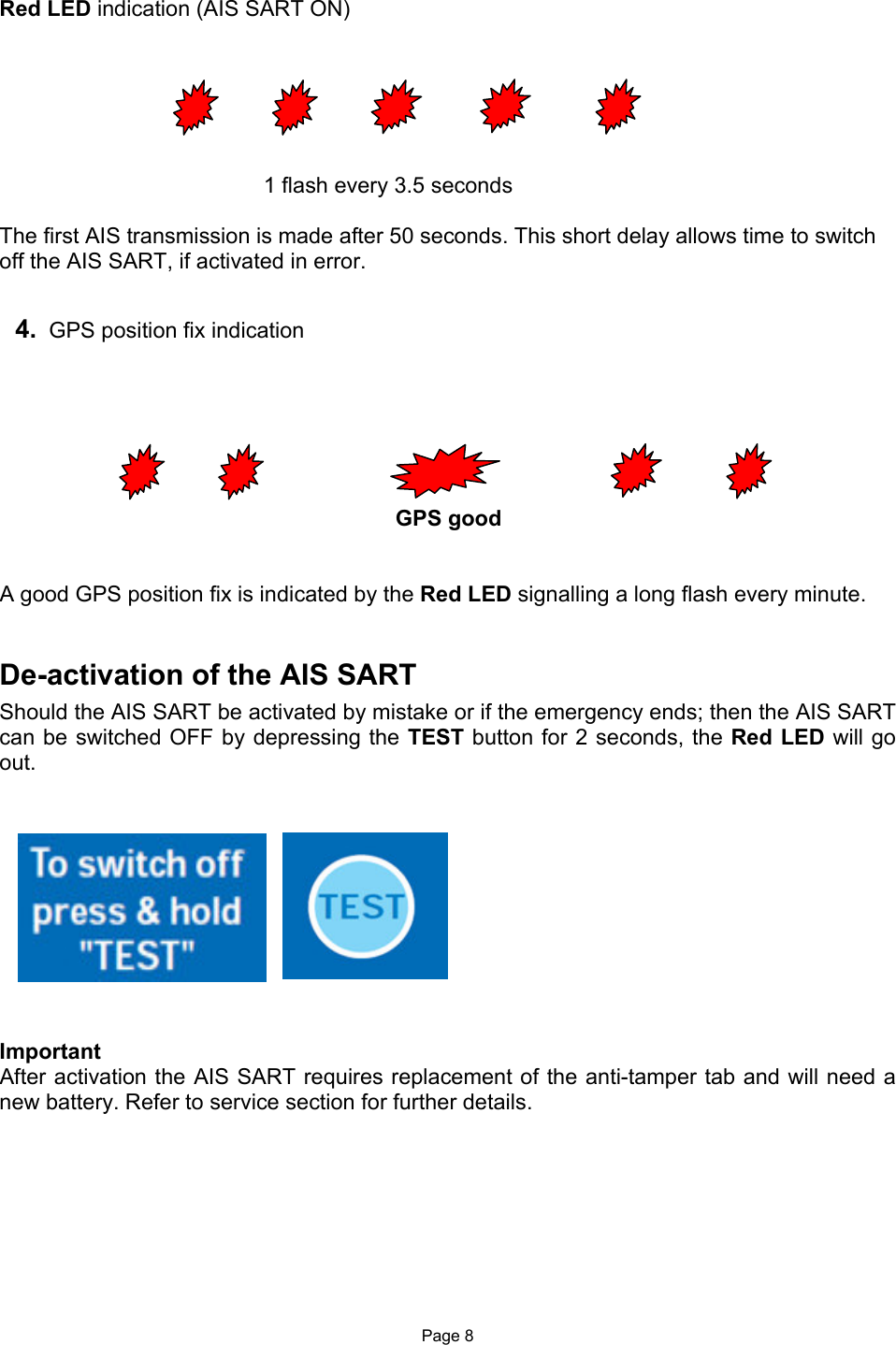  Page 8 Red LED indication (AIS SART ON)       1 flash every 3.5 seconds  The first AIS transmission is made after 50 seconds. This short delay allows time to switch off the AIS SART, if activated in error.            GPS good   A good GPS position fix is indicated by the Red LED signalling a long flash every minute.   De-activation of the AIS SART Should the AIS SART be activated by mistake or if the emergency ends; then the AIS SART can be switched OFF by depressing the TEST button for 2 seconds, the Red LED will go out.              Important After activation the AIS SART requires replacement of the anti-tamper tab and will need a new battery. Refer to service section for further details.  4.  GPS position fix indication   