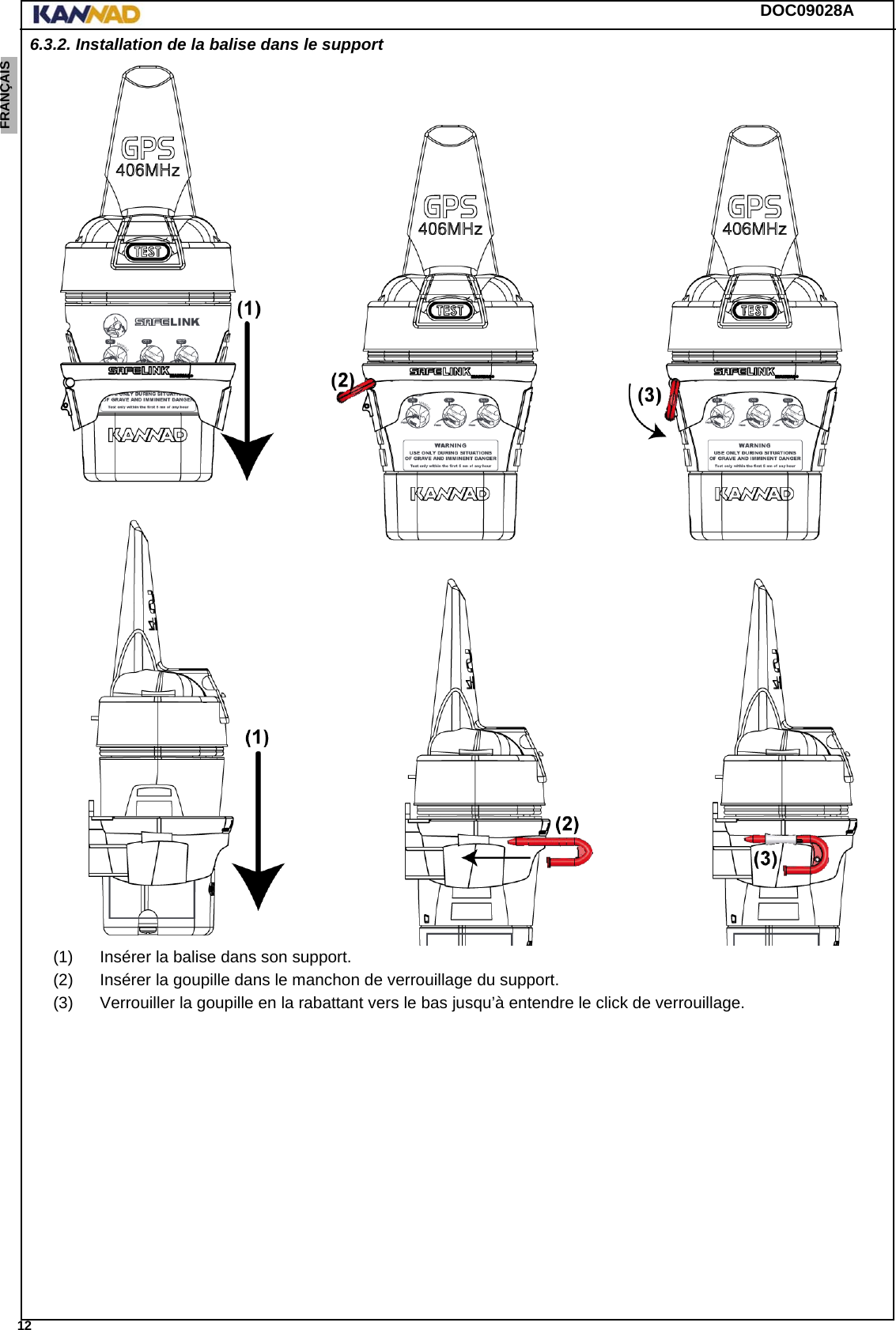 DOC09028A 12ENGLISH ESPAÑOL DEUTSCH  FRANÇAIS ITALIANO NEDERLANDS LANG7 LANG8 LANG9 LANG10 LANG11 LANG12 6.3.2. Installation de la balise dans le support(1) Insérer la balise dans son support.(2) Insérer la goupille dans le manchon de verrouillage du support.(3) Verrouiller la goupille en la rabattant vers le bas jusqu’à entendre le click de verrouillage.