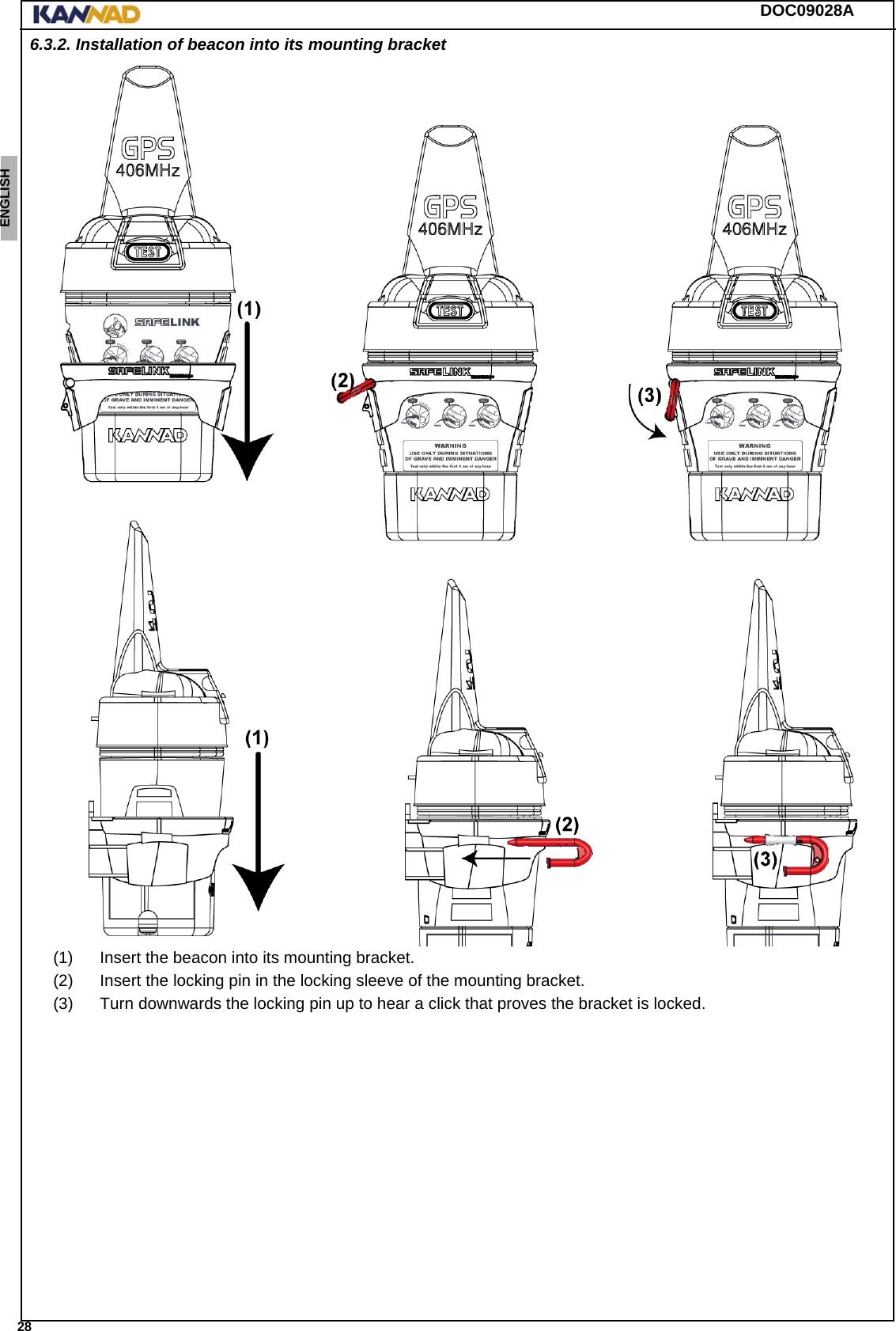DOC09028A 28ENGLISH ESPAÑOL DEUTSCH  FRANÇAIS ITALIANO NEDERLANDS LANG7 LANG8 LANG9 LANG10 LANG11 LANG12 6.3.2. Installation of beacon into its mounting bracket(1) Insert the beacon into its mounting bracket.(2) Insert the locking pin in the locking sleeve of the mounting bracket.(3) Turn downwards the locking pin up to hear a click that proves the bracket is locked.
