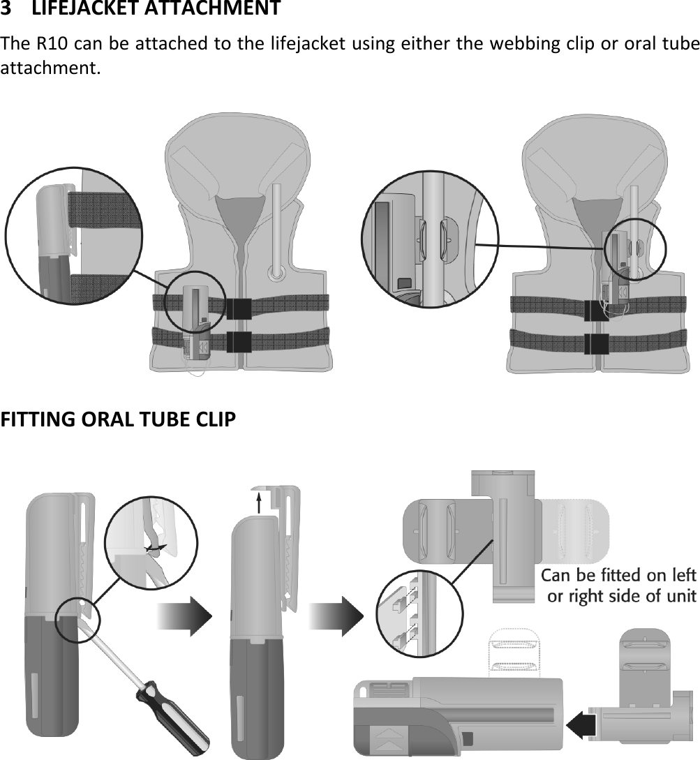   2  ENX 3 LIFEJACKET ATTACHMENT The R10 can be attached to the lifejacket using either the webbing clip or oral tube attachment.    FITTING ORAL TUBE CLIP       