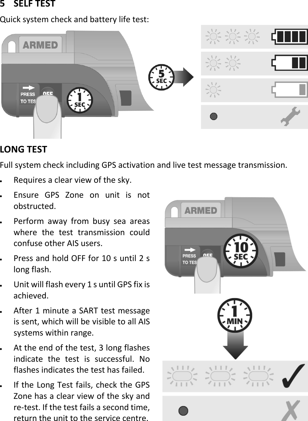   4  ENX 5 SELF TEST Quick system check and battery life test:   LONG TEST Full system check including GPS activation and live test message transmission. • Requires a clear view of the sky. • Ensure GPS Zone on unit is not obstructed. • Perform away from busy sea areas where the test transmission could confuse other AIS users. • Press and hold OFF for 10 s until 2 s long flash. • Unit will flash every 1 s until GPS fix is achieved. • After 1 minute a SART test message is sent, which will be visible to all AIS systems within range. • At the end of the test, 3 long flashes indicate the test is successful. No flashes indicates the test has failed. • If the Long Test fails, check the GPS Zone has a clear view of the sky and re-test. If the test fails a second time, return the unit to the service centre.    