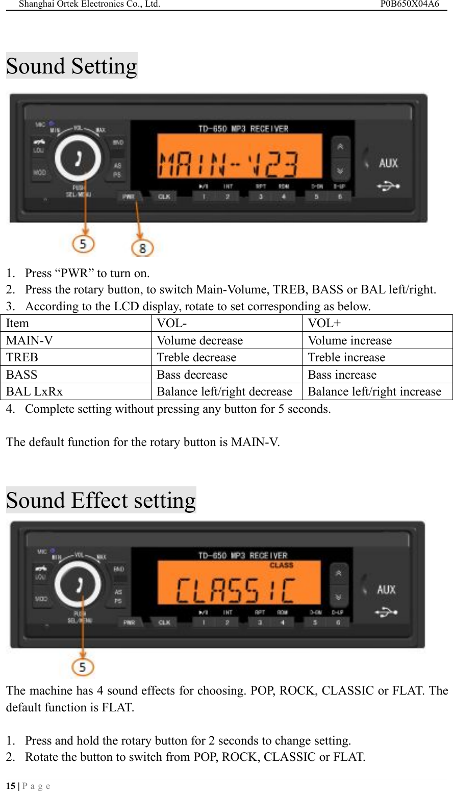 Shanghai Ortek Electronics Co., Ltd. P0B650X04A615 | P a g eSound Setting1. Press &ldquo;PWR&rdquo; to turn on.2. Press the rotary button, to switch Main-Volume, TREB, BASS or BAL left/right.3. According to the LCD display, rotate to set corresponding as below.ItemVOL-VOL+MAIN-VVolume decreaseVolume increaseTREBTreble decreaseTreble increaseBASSBass decreaseBass increaseBAL LxRxBalance left/right decreaseBalance left/right increase4. Complete setting without pressing any button for 5 seconds.The default function for the rotary button is MAIN-V.Sound Effect settingThe machine has 4 sound effects for choosing. POP, ROCK, CLASSIC or FLAT. Thedefault function is FLAT.1. Press and hold the rotary button for 2 seconds to change setting.2. Rotate the button to switch from POP, ROCK, CLASSIC or FLAT.