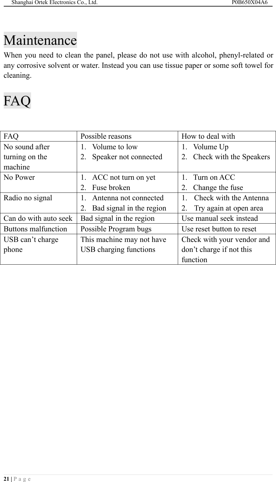 Shanghai Ortek Electronics Co., Ltd. P0B650X04A621 | P a g eMaintenanceWhen you need to clean the panel, please do not use with alcohol, phenyl-related orany corrosive solvent or water. Instead you can use tissue paper or some soft towel forcleaning.FAQFAQPossible reasonsHow to deal withNo sound afterturning on themachine1. Volume to low2. Speaker not connected1. Volume Up2. Check with the SpeakersNo Power1. ACC not turn on yet2. Fuse broken1. Turn on ACC2. Change the fuseRadio no signal1. Antenna not connected2. Bad signal in the region1. Check with the Antenna2. Try again at open areaCan do with auto seekBad signal in the regionUse manual seek insteadButtons malfunctionPossible Program bugsUse reset button to resetUSB can&rsquo;t chargephoneThis machine may not haveUSB charging functionsCheck with your vendor anddon&rsquo;t charge if not thisfunction