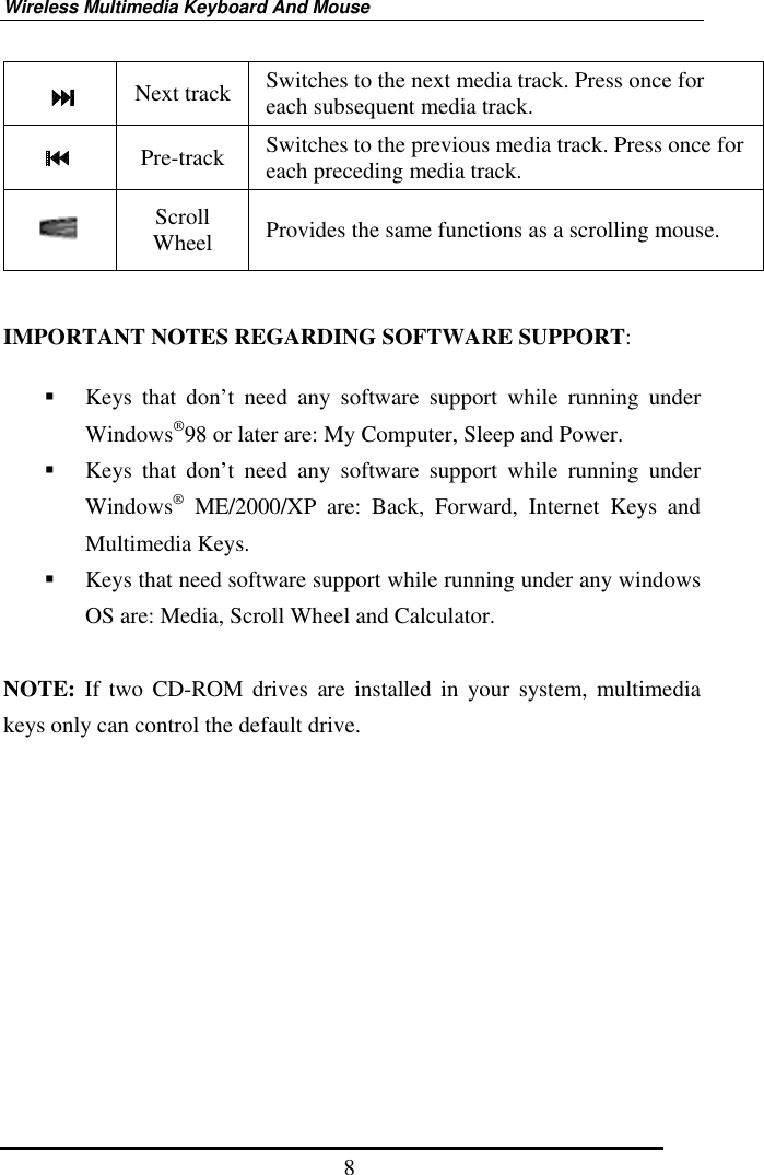 Wireless Multimedia Keyboard And Mouse  8 Next track Switches to the next media track. Press once for each subsequent media track.  Pre-track  Switches to the previous media track. Press once for each preceding media track.  Scroll Wheel  Provides the same functions as a scrolling mouse.   IMPORTANT NOTES REGARDING SOFTWARE SUPPORT:    Keys that don’t need any software support while running under Windows®98 or later are: My Computer, Sleep and Power.   Keys that don’t need any software support while running under Windows® ME/2000/XP are: Back, Forward, Internet Keys and Multimedia Keys.   Keys that need software support while running under any windows OS are: Media, Scroll Wheel and Calculator.  NOTE: If two CD-ROM drives are installed in your system, multimedia keys only can control the default drive.   