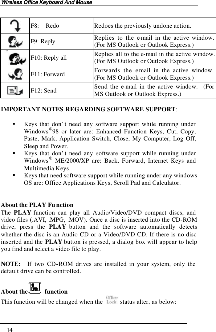 Wireless Office Keyboard And Mouse  14  F8:  Redo Redoes the previously undone action.  F9: Reply Replies to the e-mail in the active window. (For MS Outlook or Outlook Express.)  F10: Reply all Replies all to the e-mail in the active window. (For MS Outlook or Outlook Express.)  F11: Forward Forwards the e-mail in the active window. (For MS Outlook or Outlook Express.)  F12: Send Send the e-mail in the active window.  (For MS Outlook or Outlook Express.)  IMPORTANT NOTES REGARDING SOFTWARE SUPPORT:  § Keys that don’t need any software support while running under Windows®98 or later are: Enhanced Function Keys, Cut, Copy, Paste, Mark, Application Switch, Close, My Computer, Log Off, Sleep and Power. § Keys that don’t need any software support while running under Windows® ME/2000/XP are: Back, Forward, Internet Keys and Multimedia Keys. § Keys that need software support while running under any windows OS are: Office Applications Keys, Scroll Pad and Calculator.   About the PLAY Function The  PLAY function can play all Audio/Video/DVD compact discs, and video files (.AVI, .MPG, .MOV). Once a disc is inserted into the CD-ROM drive, press the PLAY button and the software automatically detects whether the disc is an Audio CD or a Video/DVD CD. If there is no disc inserted and the PLAY button is pressed, a dialog box will appear to help you find and select a video file to play.  NOTE:  If two CD-ROM drives are installed in your system, only the default drive can be controlled.    About the  function This function will be changed when the   status alter, as below:   