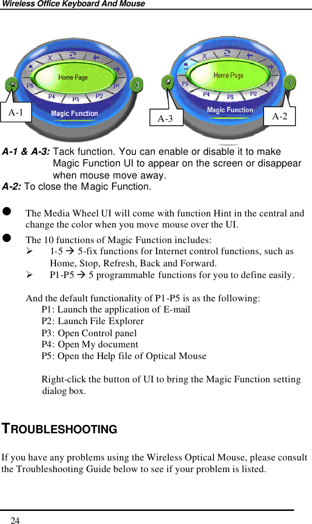 Wireless Office Keyboard And Mouse  24          A-1 &amp; A-3: Tack function. You can enable or disable it to make Magic Function UI to appear on the screen or disappear when mouse move away. A-2: To close the Magic Function.  l The Media Wheel UI will come with function Hint in the central and change the color when you move mouse over the UI. l The 10 functions of Magic Function includes: Ø 1-5 à 5-fix functions for Internet control functions, such as Home, Stop, Refresh, Back and Forward.   Ø P1-P5 à 5 programmable functions for you to define easily.  And the default functionality of P1-P5 is as the following: P1: Launch the application of E-mail P2: Launch File Explorer P3: Open Control panel P4: Open My document P5: Open the Help file of Optical Mouse  Right-click the button of UI to bring the Magic Function setting dialog box.  TROUBLESHOOTING  If you have any problems using the Wireless Optical Mouse, please consult the Troubleshooting Guide below to see if your problem is listed. A-3 A-2 A-1 