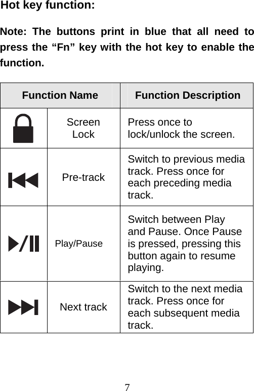  7Hot key function:  Note: The buttons print in blue that all need to press the “Fn” key with the hot key to enable the function.  Function Name  Function Description  Screen Lock  Press once to lock/unlock the screen.  Pre-track Switch to previous media track. Press once for each preceding media track.  Play/Pause Switch between Play and Pause. Once Pause is pressed, pressing this button again to resume playing.  Next track Switch to the next media track. Press once for each subsequent media track. 