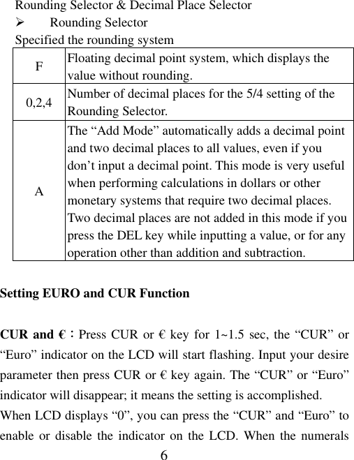 6 Rounding Selector &amp; Decimal Place Selector   Rounding Selector Specified the rounding system F  Floating decimal point system, which displays the value without rounding. 0,2,4  Number of decimal places for the 5/4 setting of the Rounding Selector. A The “Add Mode” automatically adds a decimal point and two decimal places to all values, even if you don’t input a decimal point. This mode is very useful when performing calculations in dollars or other monetary systems that require two decimal places. Two decimal places are not added in this mode if you press the DEL key while inputting a value, or for any operation other than addition and subtraction.  Setting EURO and CUR Function  CUR and €：Press CUR or € key for 1~1.5 sec, the “CUR” or “Euro” indicator on the LCD will start flashing. Input your desire parameter then press CUR or € key again. The “CUR” or “Euro” indicator will disappear; it means the setting is accomplished. When LCD displays “0”, you can press the “CUR” and “Euro” to enable or disable the indicator on the LCD. When the numerals 