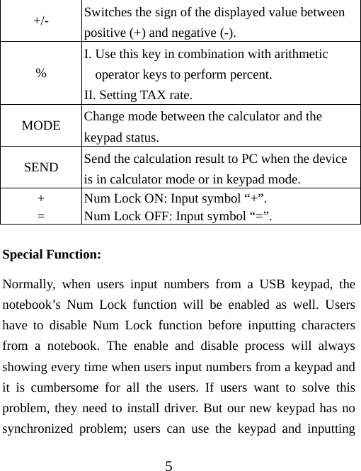 5 +/-  Switches the sign of the displayed value between positive (+) and negative (-). % I. Use this key in combination with arithmetic operator keys to perform percent. II. Setting TAX rate. MODE  Change mode between the calculator and the keypad status. SEND  Send the calculation result to PC when the device is in calculator mode or in keypad mode. + = Num Lock ON: Input symbol “+”. Num Lock OFF: Input symbol “=”. Special Function: Normally, when users input numbers from a USB keypad, the notebook’s Num Lock function will be enabled as well. Users have to disable Num Lock function before inputting characters from a notebook. The enable and disable process will always showing every time when users input numbers from a keypad and it is cumbersome for all the users. If users want to solve this problem, they need to install driver. But our new keypad has no synchronized problem; users can use the keypad and inputting 