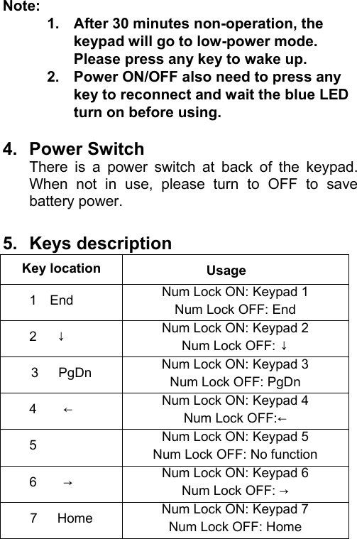 Note:  1.  After 30 minutes non-operation, the keypad will go to low-power mode. Please press any key to wake up. 2.  Power ON/OFF also need to press any key to reconnect and wait the blue LED turn on before using.  4. Power Switch There is a power switch at back of the keypad. When not in use, please turn to OFF to save battery power.    5. Keys description  Key location  Usage 1    End  Num Lock ON: Keypad 1 Num Lock OFF: End 2   ↓  Num Lock ON: Keypad 2 Num Lock OFF: ↓ 3   PgDn  Num Lock ON: Keypad 3 Num Lock OFF: PgDn   4    ←  Num Lock ON: Keypad 4   Num Lock OFF:← 5  Num Lock ON: Keypad 5 Num Lock OFF: No function 6    →  Num Lock ON: Keypad 6 Num Lock OFF: → 7   Home  Num Lock ON: Keypad 7 Num Lock OFF: Home 