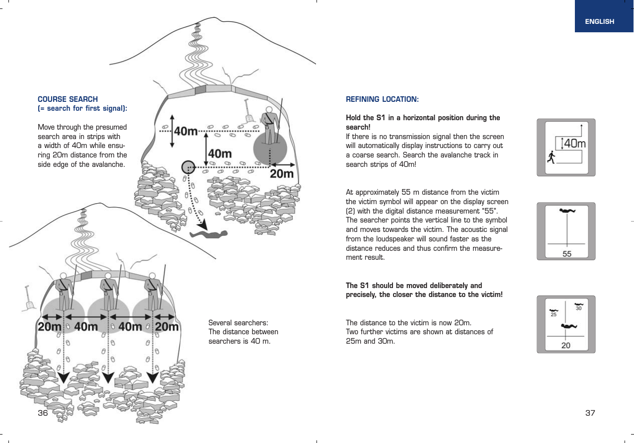 36 37ENGLISHREFINING LOCATION:Hold the S1 in a horizontal position during thesearch!If there is no transmission signal then the screenwill automatically display instructions to carry out a coarse search. Search the avalanche track insearch strips of 40m!At approximately 55 m distance from the victimthe victim symbol will appear on the display screen(2) with the digital distance measurement “55”. The searcher points the vertical line to the symboland moves towards the victim. The acoustic signalfrom the loudspeaker will sound faster as thedistance reduces and thus confirm the measure-ment result. The S1 should be moved deliberately and precisely, the closer the distance to the victim! The distance to the victim is now 20m. Two further victims are shown at distances of25m and 30m.Move through the presumedsearch area in strips with a width of 40m while ensu-ring 20m distance from theside edge of the avalanche. COURSE SEARCH (= search for first signal): Several searchers: The distance betweensearchers is 40 m.