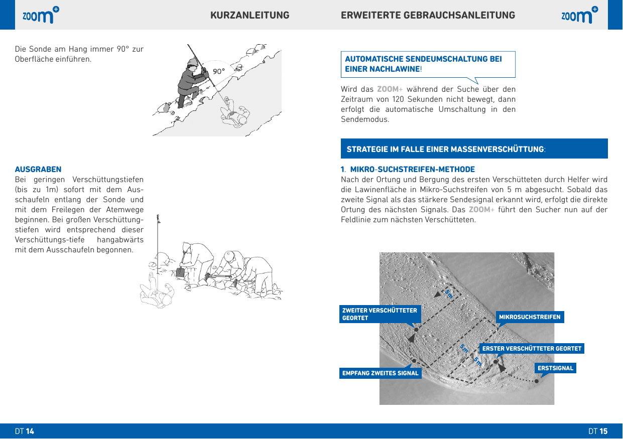  m  m mDie Sonde am Hang immer ° zur Oberﬂäche einführen. AUSGRABENBei geringen Verschüttungstiefen (bis zu m) sofort mit dem Aus-schaufeln entlang der Sonde und mit dem Freilegen der Atemwege beginnen. Bei großen Verschüttung-stiefen wird entsprechend dieser Verschüttungs-tiefe hangabwärts mit dem Ausschaufeln begonnen.ERWEITERTE GEBRAUCHSANLEITUNGKURZANLEITUNGDT DT . MIKRO-SUCHSTREIFEN-METHODENach der Ortung und Bergung des ersten Verschütteten durch Helfer wird die Lawinenﬂäche in Mikro-Suchstreifen von  m abgesucht. Sobald das zweite Signal als das stärkere Sendesignal erkannt wird, erfolgt die direkte Ortung des nächsten Signals. Das ZOOM+ führt den Sucher nun auf der Feldlinie zum nächsten Verschütteten.STRATEGIE IM FALLE EINER MASSENVERSCHÜTTUNG:AUTOMATISCHE SENDEUMSCHALTUNG BEIEINER NACHLAWINE!Wird das ZOOM+ während der Suche über den Zeitraum von  Sekunden nicht bewegt, dann erfolgt die automatische Umschaltung in den Sendemodus.ERSTSIGNALERSTER VERSCHÜTTETER GEORTETZWEITER VERSCHÜTTETERGEORTETEMPFANG ZWEITES SIGNALMIKROSUCHSTREIFEN