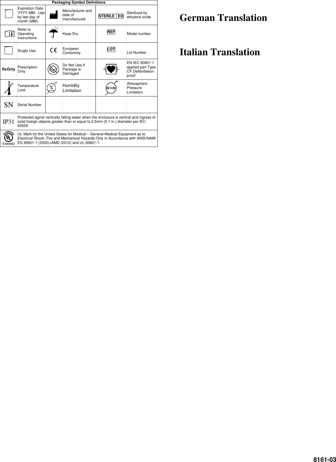  8161-03                                                               German Translation   Italian Translation       Packaging Symbol Definitions  Expiration Date YYYY-MM.  Use by last day of month (MM).   Manufacturer and date of manufactured   STERILE │EO  Sterilized by ethylene oxide   Refer to Operating Instructions      Keep Dry  REF Model number  Single Use   European Conformity  LOT  Lot Number RxOnly Prescription Only    Do Not Use if Package is Damaged  EN IEC 60601-1 applied part Type CF Defibrillation-proof  Temperature Limit  Humidity Limitation  Atmospheric Pressure Limitation SN Serial Number     IP31 Protected aginst vertically falling water when the enclosure is vertical and ingress of solid foreign objects greater than or equal to 2.5mm (0.1 in.) diameter per IEC 60529  E485882 UL Mark for the United States for Medical – General Medical Equipment as to Electrical Shock, Fire and Mechanical Hazards Only in Accordance with ANSI/AAMI ES 60601-1 (2005)+AMD (2012) and UL 60601-1. 