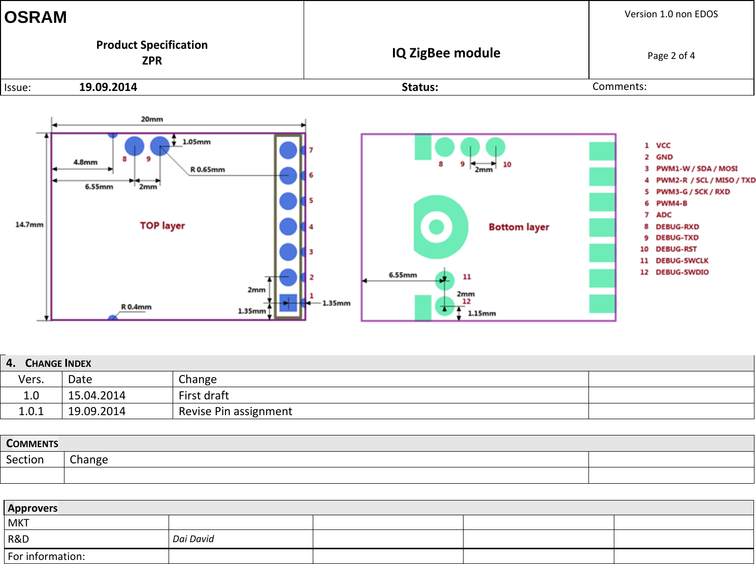 OSRAM  Version1.0nonEDOSProductSpecificationZPR IQZigBeemodulePage2of4Issue: 19.09.2014Status:Comments:  ApproversMKTR&amp;DDaiDavidForinformation:   4. CHANGEINDEXVers.DateChange1.015.04.2014Firstdraft1.0.119.09.2014RevisePinassignmentCOMMENTSSectionChange  