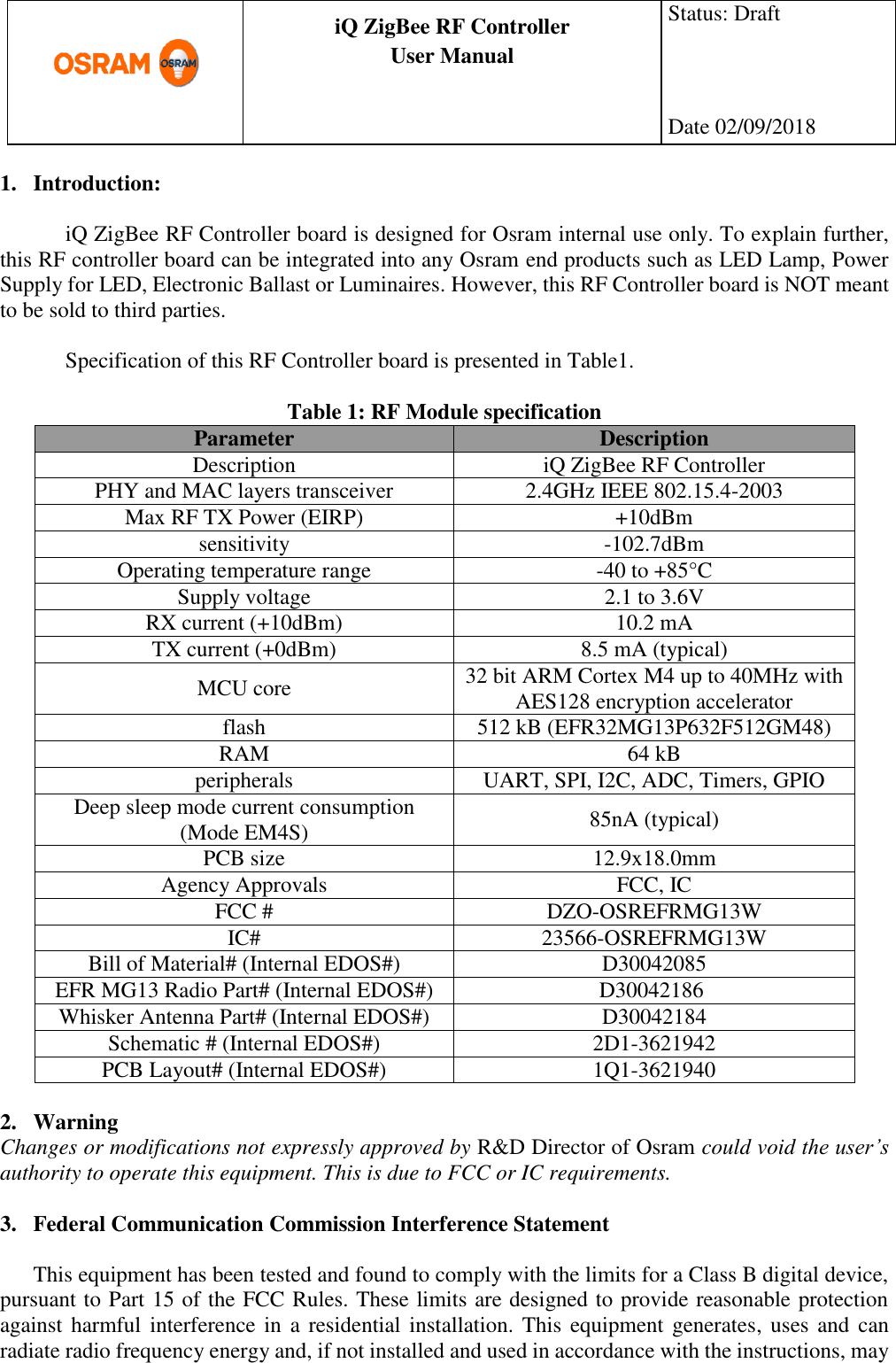 Page 1 of Osram Sylvania OSREFRMG13W iQ ZigBee RF Controller User Manual Lista Test