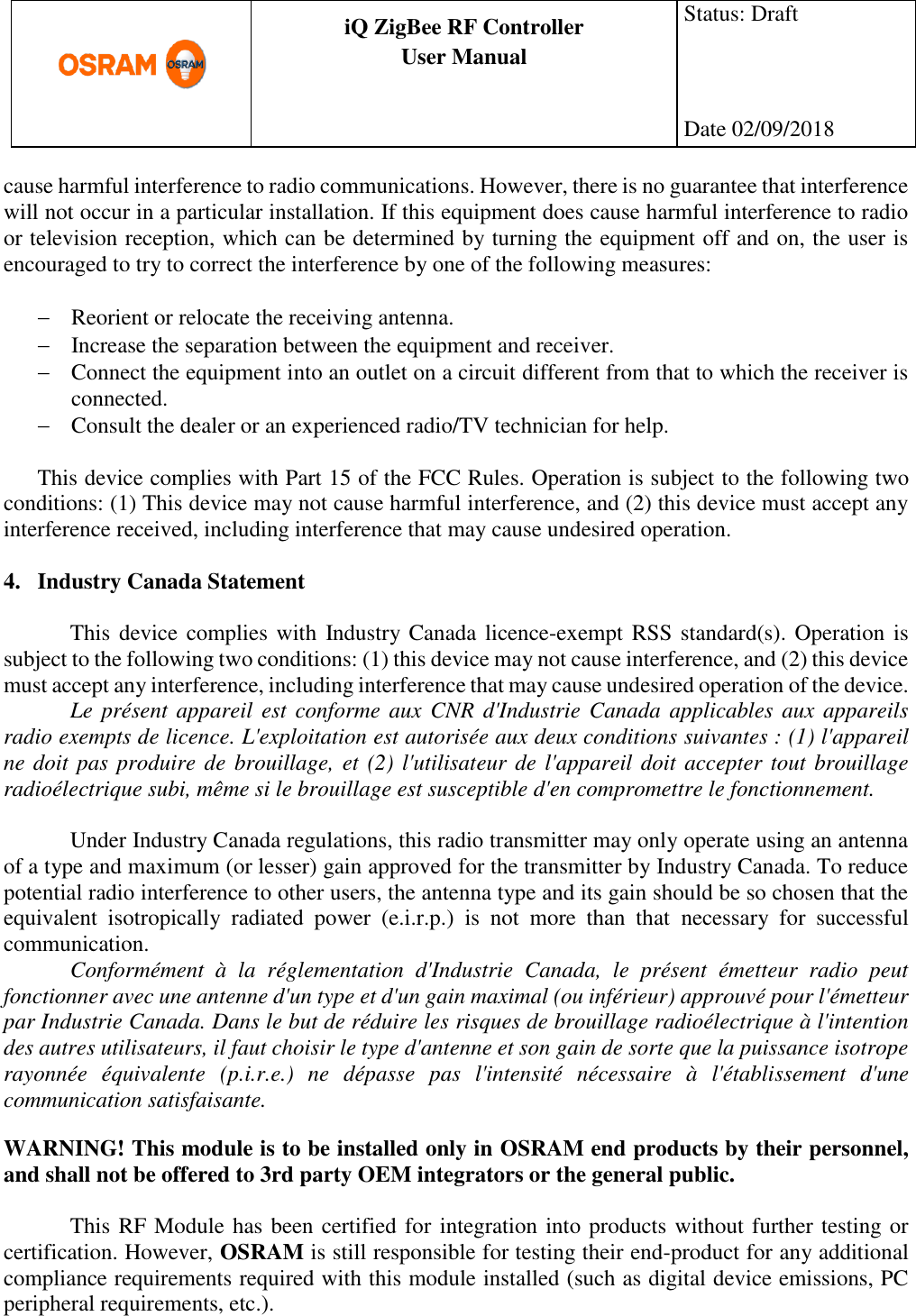 Page 2 of Osram Sylvania OSREFRMG13W iQ ZigBee RF Controller User Manual Lista Test