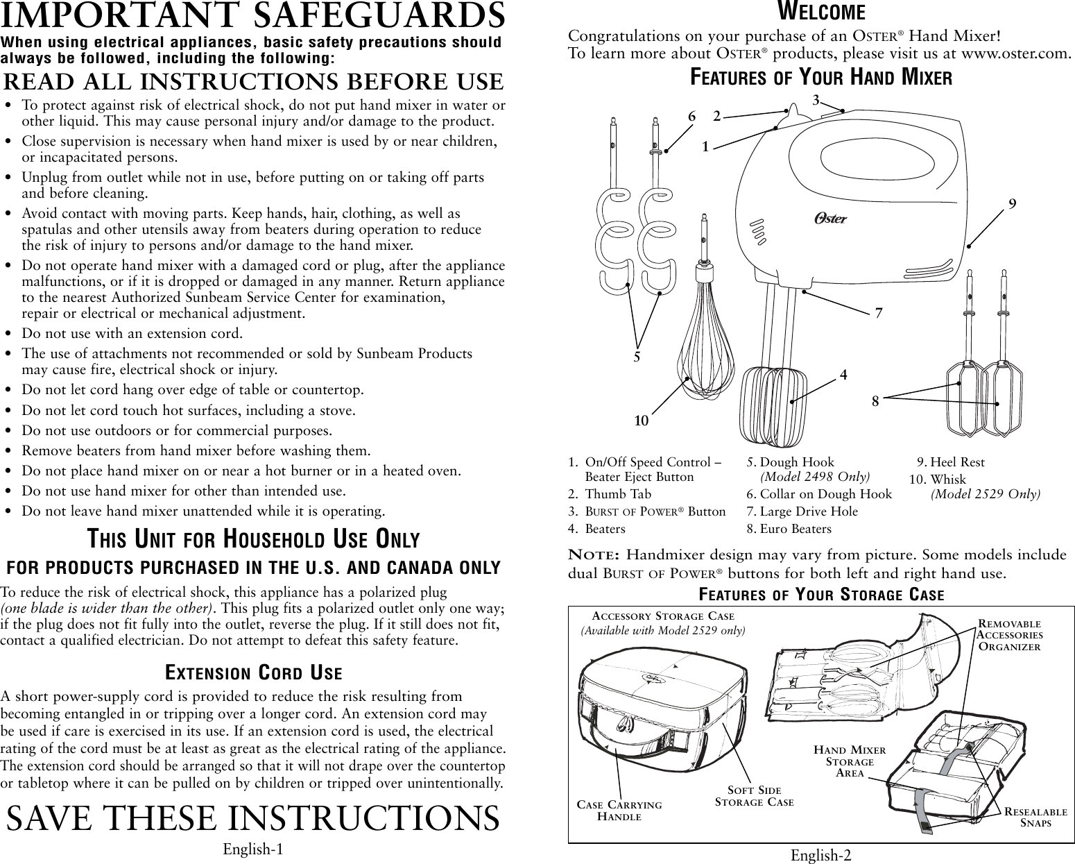Page 2 of 12 - Oster Oster-2498-Users-Manual- 2498 2529 Hand Mixers Booklet  Oster-2498-users-manual