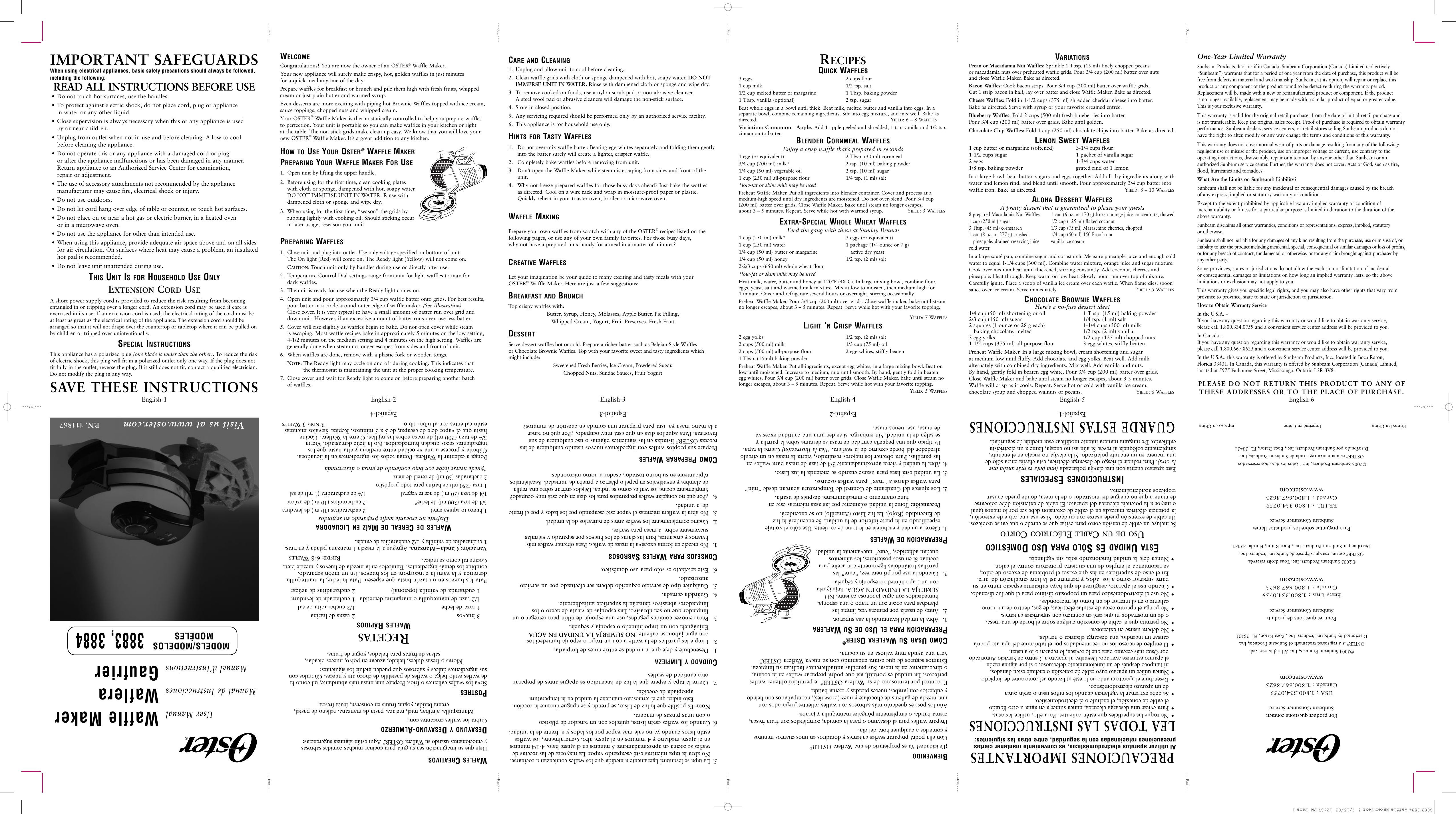 Page 2 of 7 - Oster Oster-3883-Users-Manual- 3883 3884 Waffle Maker Text !  Oster-3883-users-manual