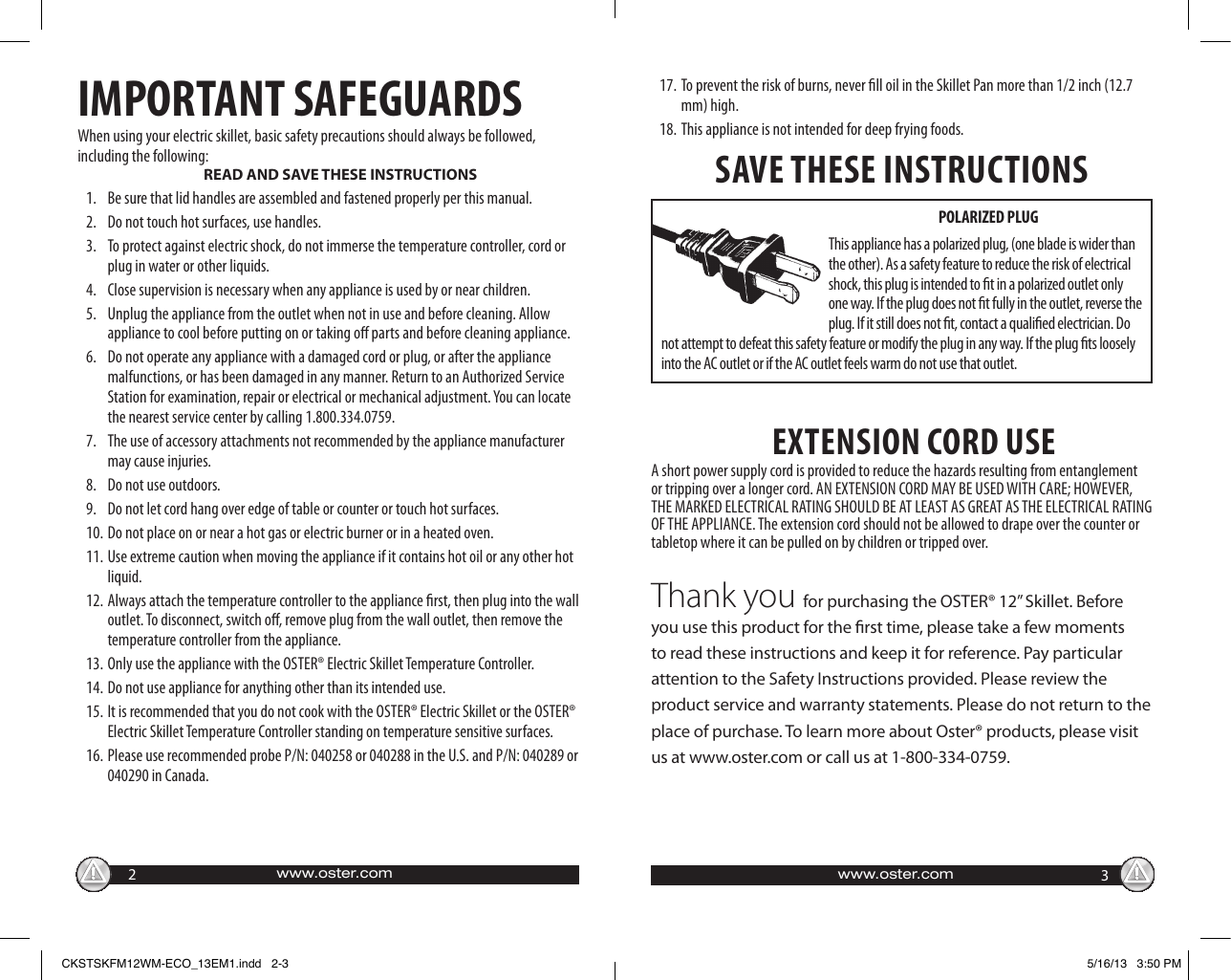 Page 2 of 8 - Oster Oster-Ckstskfm12W-Eco-Oster-Duraceramic-12-Square-Electric-Skillet-Instruction-Manual-  Oster-ckstskfm12w-eco-oster-duraceramic-12-square-electric-skillet-instruction-manual