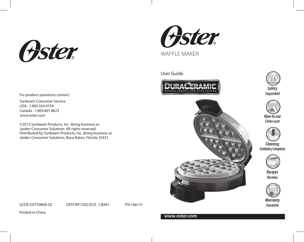 Oster Ckstwf1502 Eco Duraceramic Belgian Waffle Maker Instruction Manual