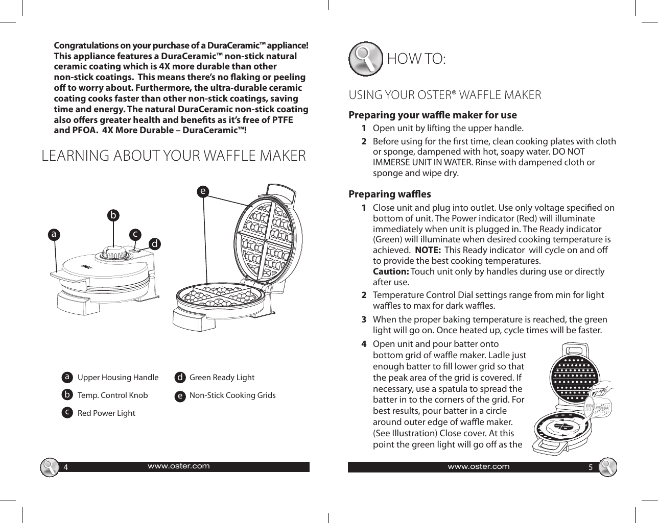 Oster Ckstwf1502 Eco Duraceramic Belgian Waffle Maker Instruction Manual
