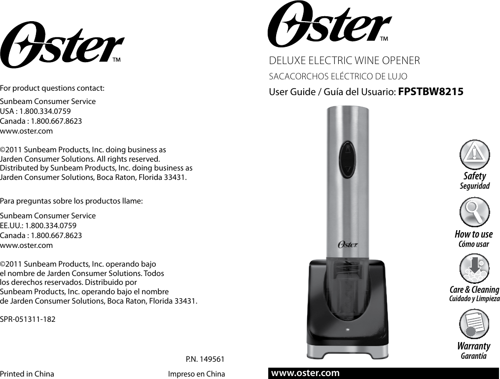 Page 1 of 10 - Oster Oster-Fpstbw8215-Oster-Deluxe-Electric-Wine-Opener-Instruction-Manual-  Oster-fpstbw8215-oster-deluxe-electric-wine-opener-instruction-manual