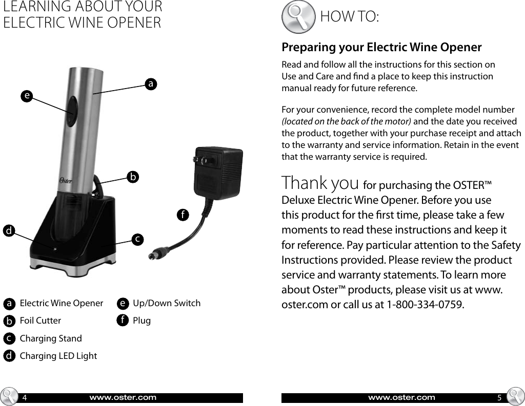 Page 3 of 10 - Oster Oster-Fpstbw8215-Oster-Deluxe-Electric-Wine-Opener-Instruction-Manual-  Oster-fpstbw8215-oster-deluxe-electric-wine-opener-instruction-manual
