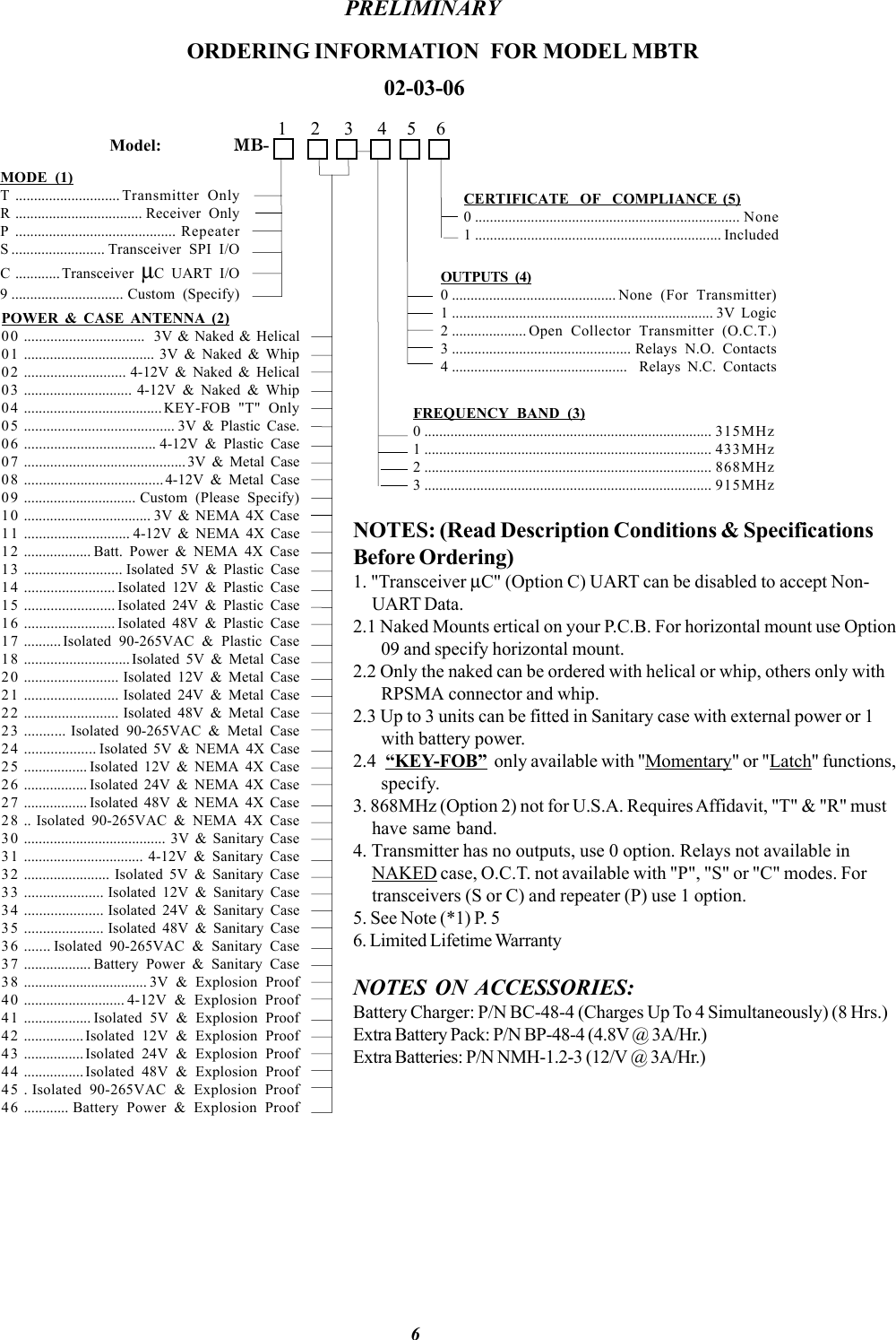    ORDERING INFORMATION  FOR MODEL MBTR02-03-06Model:                     MB-CERTIFICATE  OF  COMPLIANCE (5)0 ....................................................................... None1 .................................................................. IncludedOUTPUTS (4)0 ............................................ None (For Transmitter)1 ...................................................................... 3V  Logic2 .................... Open Collector Transmitter (O.C.T.)3 ................................................ Relays N.O. Contacts4 ...............................................   Relays N.C. ContactsFREQUENCY BAND (3)0 ............................................................................. 315MHz1 ............................................................................. 433MHz2 ............................................................................. 868MHz3 ............................................................................. 915MHzMODE (1)T ............................ Transmitter OnlyR .................................. Receiver OnlyP ........................................... RepeaterS ......................... Transceiver SPI I/OC ............ Transceiver  µC UART I/O9 .............................. Custom (Specify)POWER &amp; CASE ANTENNA (2)0 0 ................................  3V &amp; Naked &amp; Helical0 1 ................................... 3V &amp; Naked &amp; Whip0 2 ........................... 4-12V &amp; Naked &amp; Helical0 3 ............................. 4-12V &amp; Naked &amp; Whip0 4 ..................................... KEY-FOB &quot;T&quot; Only0 5 ........................................ 3V &amp; Plastic Case.0 6 ................................... 4-12V &amp; Plastic Case0 7 ...........................................3V &amp; Metal Case0 8 ..................................... 4-12V &amp; Metal Case0 9 .............................. Custom (Please Specify)1 0 .................................. 3V &amp; NEMA 4X Case1 1 ............................ 4-12V &amp; NEMA 4X Case1 2 .................. Batt. Power &amp; NEMA 4X Case1 3 .......................... Isolated 5V &amp; Plastic Case1 4 ........................ Isolated 12V &amp; Plastic Case1 5 ........................ Isolated 24V &amp; Plastic Case1 6 ........................ Isolated 48V &amp; Plastic Case1 7 .......... Isolated 90-265VAC &amp; Plastic Case1 8 ............................ Isolated 5V &amp; Metal Case2 0 ......................... Isolated 12V &amp; Metal Case2 1 ......................... Isolated 24V &amp; Metal Case2 2 ......................... Isolated 48V &amp; Metal Case2 3 ........... Isolated 90-265VAC &amp; Metal Case2 4 ................... Isolated 5V &amp; NEMA 4X Case2 5 ................. Isolated 12V &amp; NEMA 4X Case2 6 ................. Isolated 24V &amp; NEMA 4X Case2 7 ................. Isolated 48V &amp; NEMA 4X Case2 8 .. Isolated 90-265VAC &amp; NEMA 4X Case3 0 ...................................... 3V &amp; Sanitary Case3 1 ................................ 4-12V &amp; Sanitary Case3 2 ....................... Isolated 5V &amp; Sanitary Case3 3 ..................... Isolated 12V &amp; Sanitary Case3 4 ..................... Isolated 24V &amp; Sanitary Case3 5 ..................... Isolated 48V &amp; Sanitary Case3 6 ....... Isolated 90-265VAC &amp; Sanitary Case3 7 .................. Battery Power &amp; Sanitary Case3 8 ................................. 3V &amp; Explosion Proof4 0 ........................... 4-12V &amp; Explosion Proof4 1 .................. Isolated 5V &amp; Explosion Proof4 2 ................ Isolated 12V &amp; Explosion Proof4 3 ................ Isolated 24V &amp; Explosion Proof4 4 ................ Isolated 48V &amp; Explosion Proof45 . Isolated 90-265VAC &amp; Explosion Proof4 6 ............ Battery Power &amp; Explosion ProofNOTES: (Read Description Conditions &amp; SpecificationsBefore Ordering)1. &quot;Transceiver µC&quot; (Option C) UART can be disabled to accept Non-UART Data.2.1 Naked Mounts ertical on your P.C.B. For horizontal mount use Option09 and specify horizontal mount.2.2 Only the naked can be ordered with helical or whip, others only withRPSMA connector and whip.2.3 Up to 3 units can be fitted in Sanitary case with external power or 1with battery power.2.4 “KEY-FOB”  only available with &quot;Momentary&quot; or &quot;Latch&quot; functions,specify.3. 868MHz (Option 2) not for U.S.A. Requires Affidavit, &quot;T&quot; &amp; &quot;R&quot; musthave same band.4. Transmitter has no outputs, use 0 option. Relays not available inNAKED case, O.C.T. not available with &quot;P&quot;, &quot;S&quot; or &quot;C&quot; modes. Fortransceivers (S or C) and repeater (P) use 1 option.5. See Note (*1) P. 56. Limited Lifetime WarrantyNOTES ON ACCESSORIES:Battery Charger: P/N BC-48-4 (Charges Up To 4 Simultaneously) (8 Hrs.)Extra Battery Pack: P/N BP-48-4 (4.8V @ 3A/Hr.)Extra Batteries: P/N NMH-1.2-3 (12/V @ 3A/Hr.)1      2      3      4     5     6PRELIMINARY6