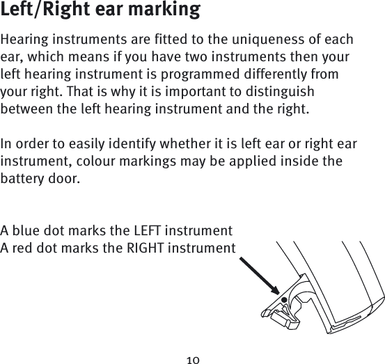 Left/Right ear markingHearing instruments are fitted to the uniqueness of each ear, which means if you have two instruments then your left hearing instrument is programmed differently from your right. That is why it is important to distinguish between the left hearing instrument and the right.  In order to easily identify whether it is left ear or right ear instrument, colour markings may be applied inside the battery door.A blue dot marks the LEFT instrumentA red dot marks the RIGHT instrument10