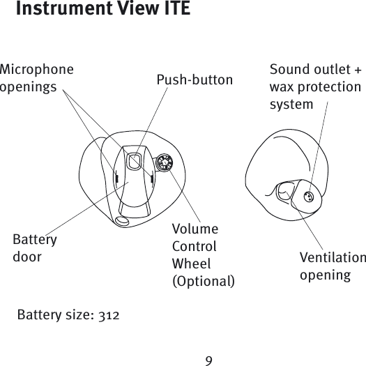 Battery size: 312Instrument View ITEMicrophone openings Push-button Sound outlet + wax protection systemVentilation openingVolume Control Wheel(Optional)Battery door9